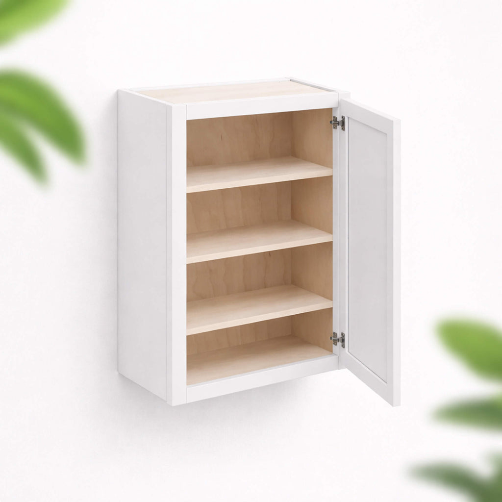 White single door wall cabinet 42 inch height and 12 inch depth with solid wood face frame, plywood interior and adjustable shelves