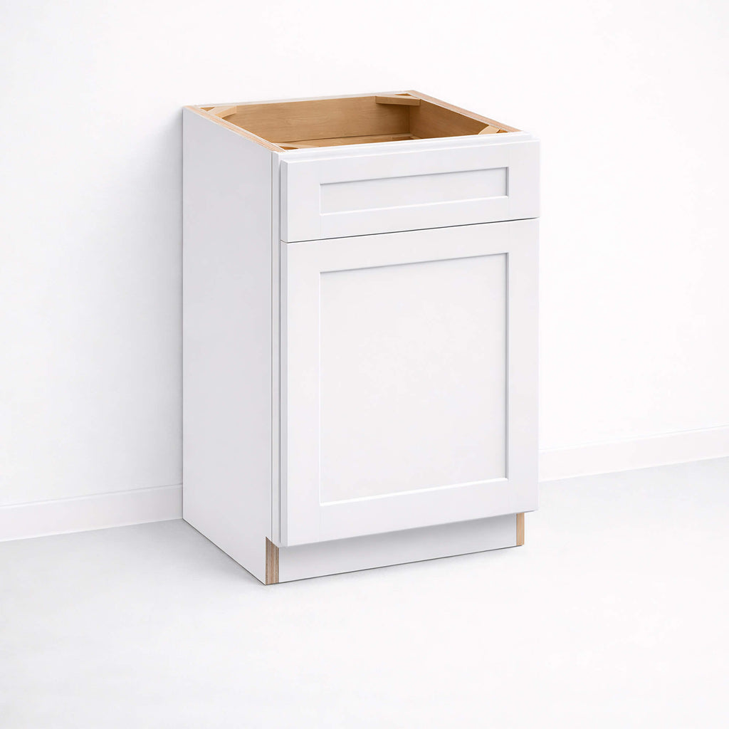 Base cabinet with one top drawer and one closed Shaker door, 34 1/2 inch height and 24 inch depth.