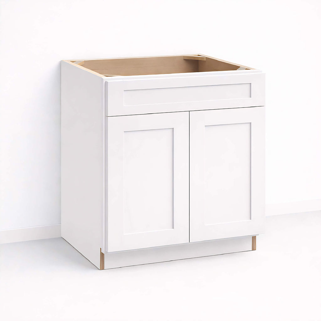 Base sink cabinet 34 1/2 inch height and 24 inch depth with closed Shaker style double doors and top drawer front, white painted finish, ready for sink installation.