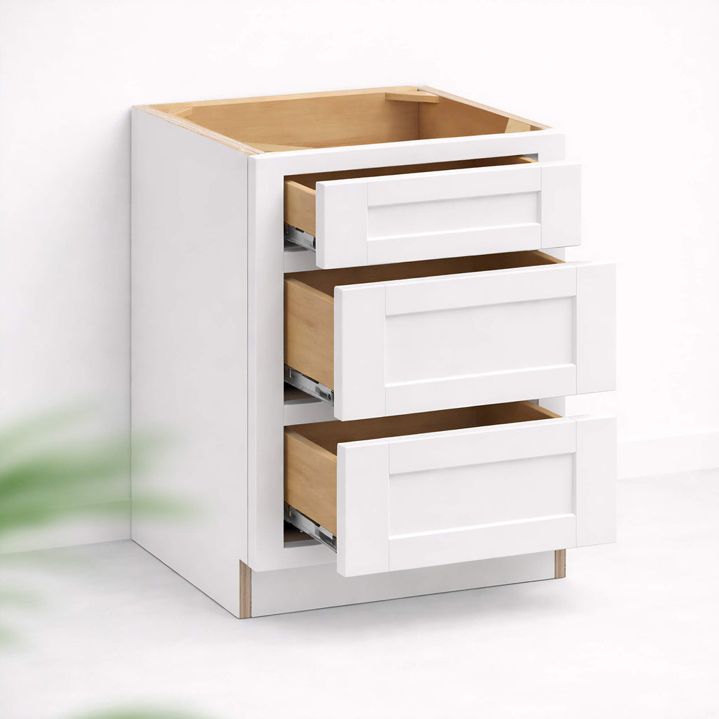 Base cabinet with three stacked drawers, one drawer partially open, 34 1/2 inch height and 24 inch depth.