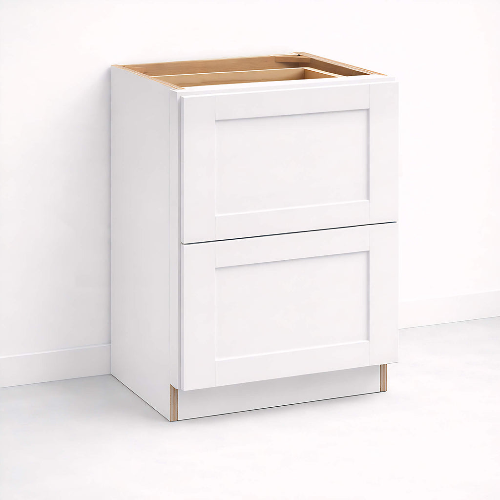 Base cabinet with two closed drawers, Shaker style fronts, 34 1/2 inch height and 24 inch depth.