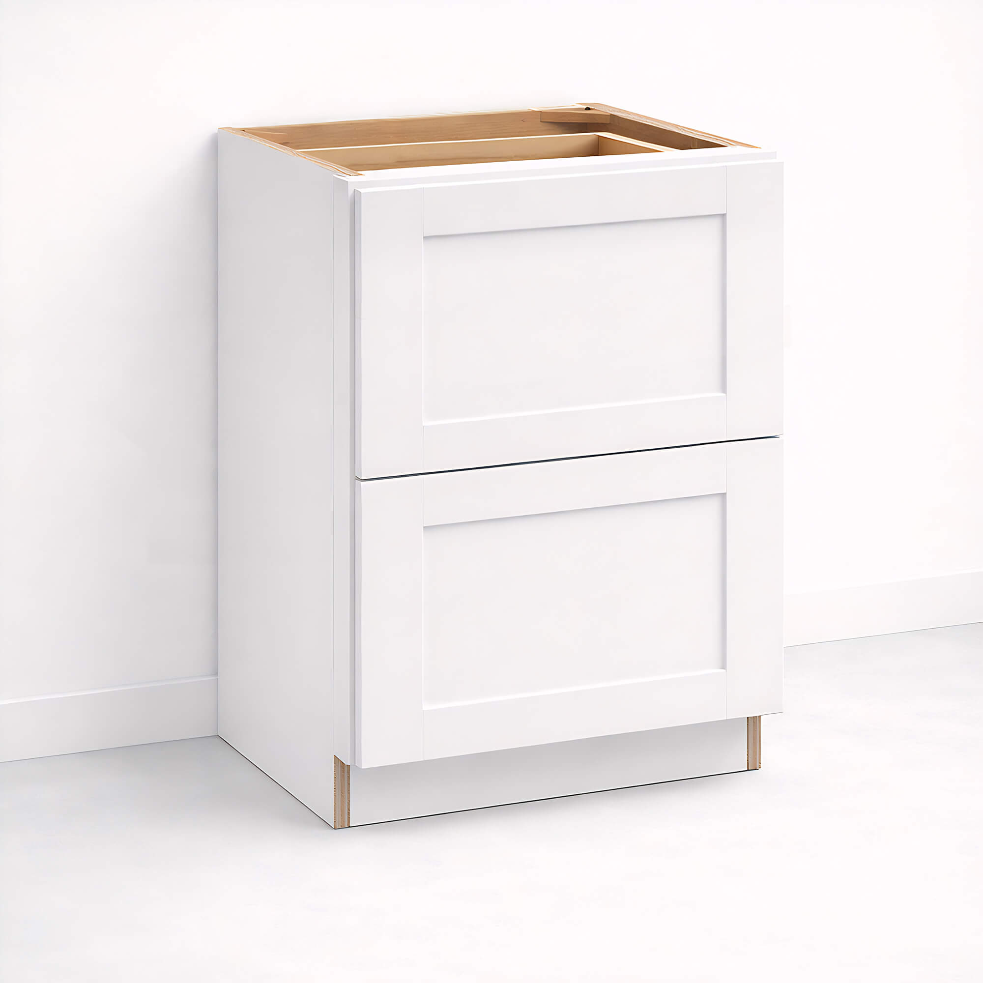 Base cabinet with two closed drawers, Shaker style fronts, 34 1/2 inch height and 24 inch depth.