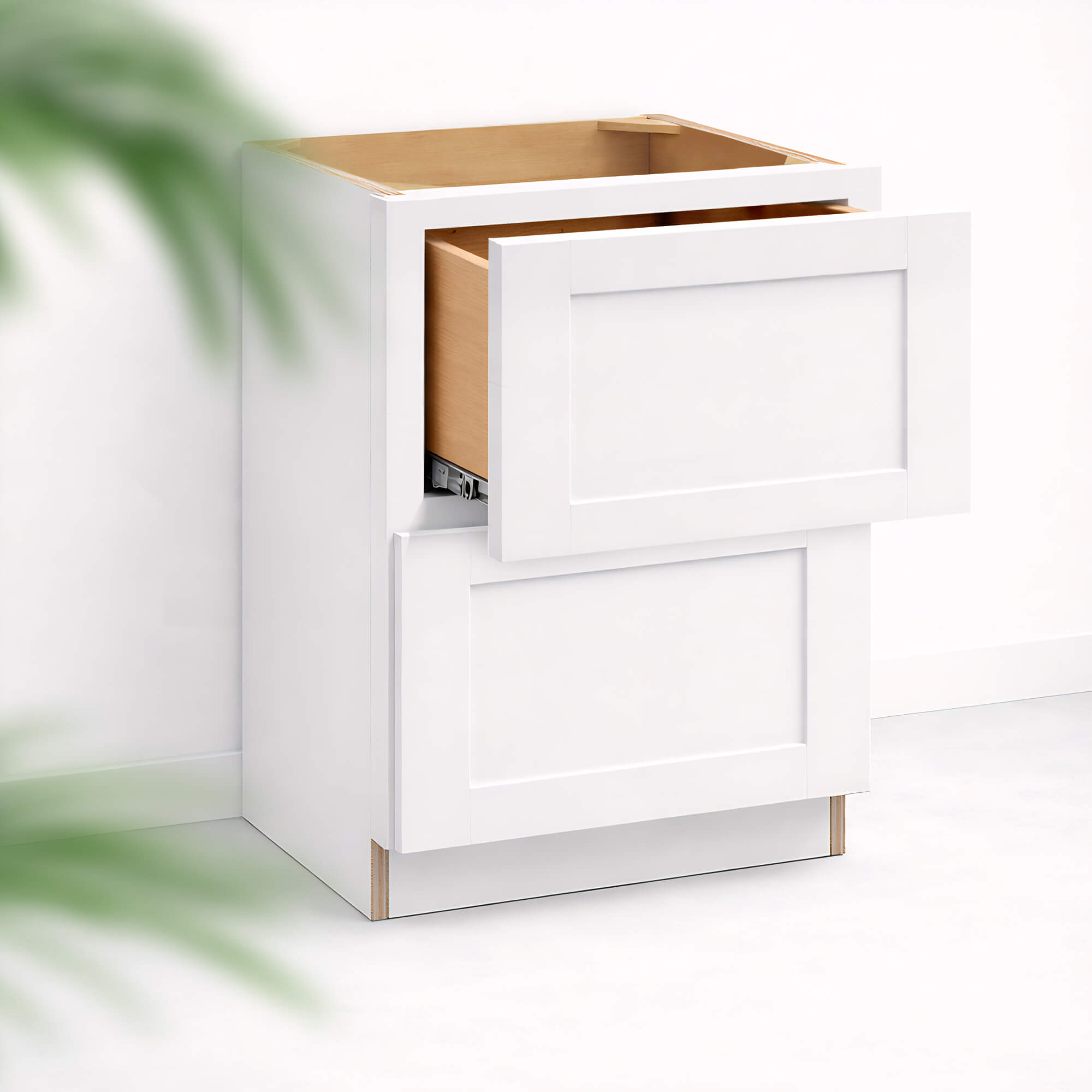Base cabinet with two stacked drawers, top drawer slightly open, 34 1/2 inch height and 24 inch depth.
