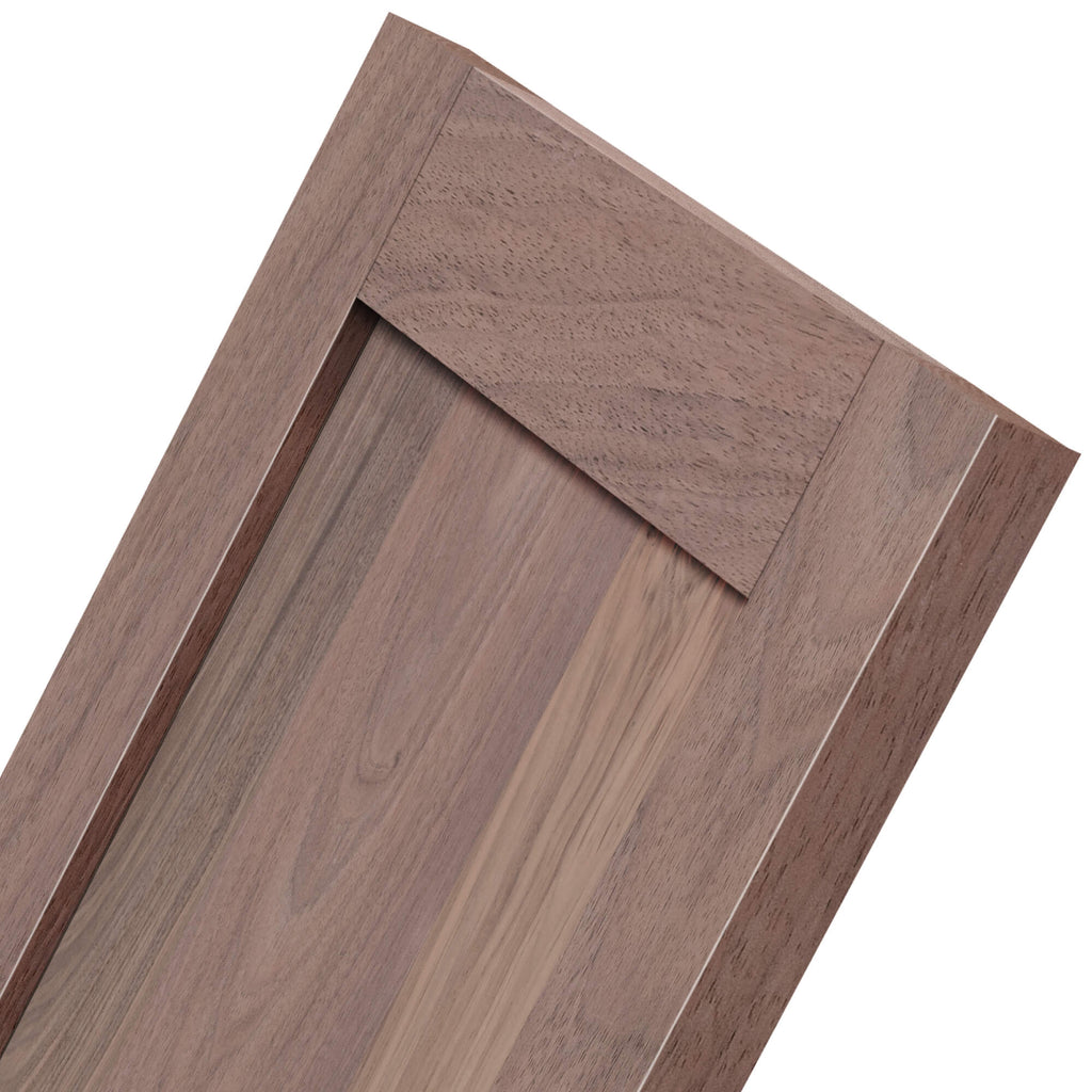 Black Walnut Shaker cabinet door — close-up of rail and stile joint with grain detail