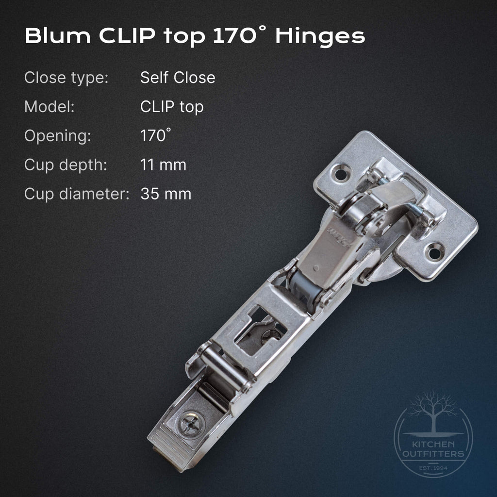 Blum CLIP top 170° self-close hinge for lazy-Susan corner cabinets, 35 mm cup, 11 mm depth.