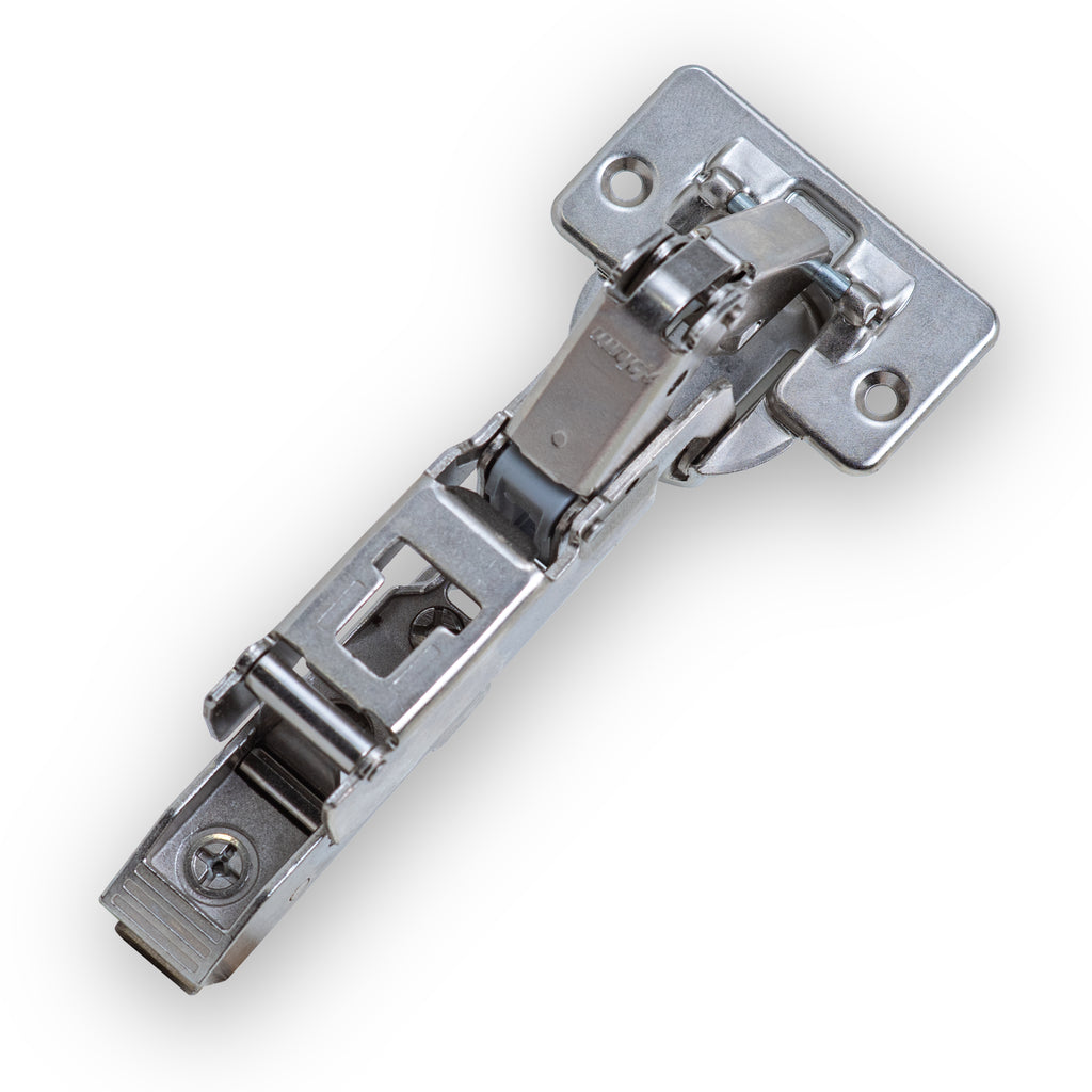 Blum CLIP top 170° self-close hinge in nickel for lazy Susan corner cabinets — 35 mm cup, 11 mm depth — product photo on white.