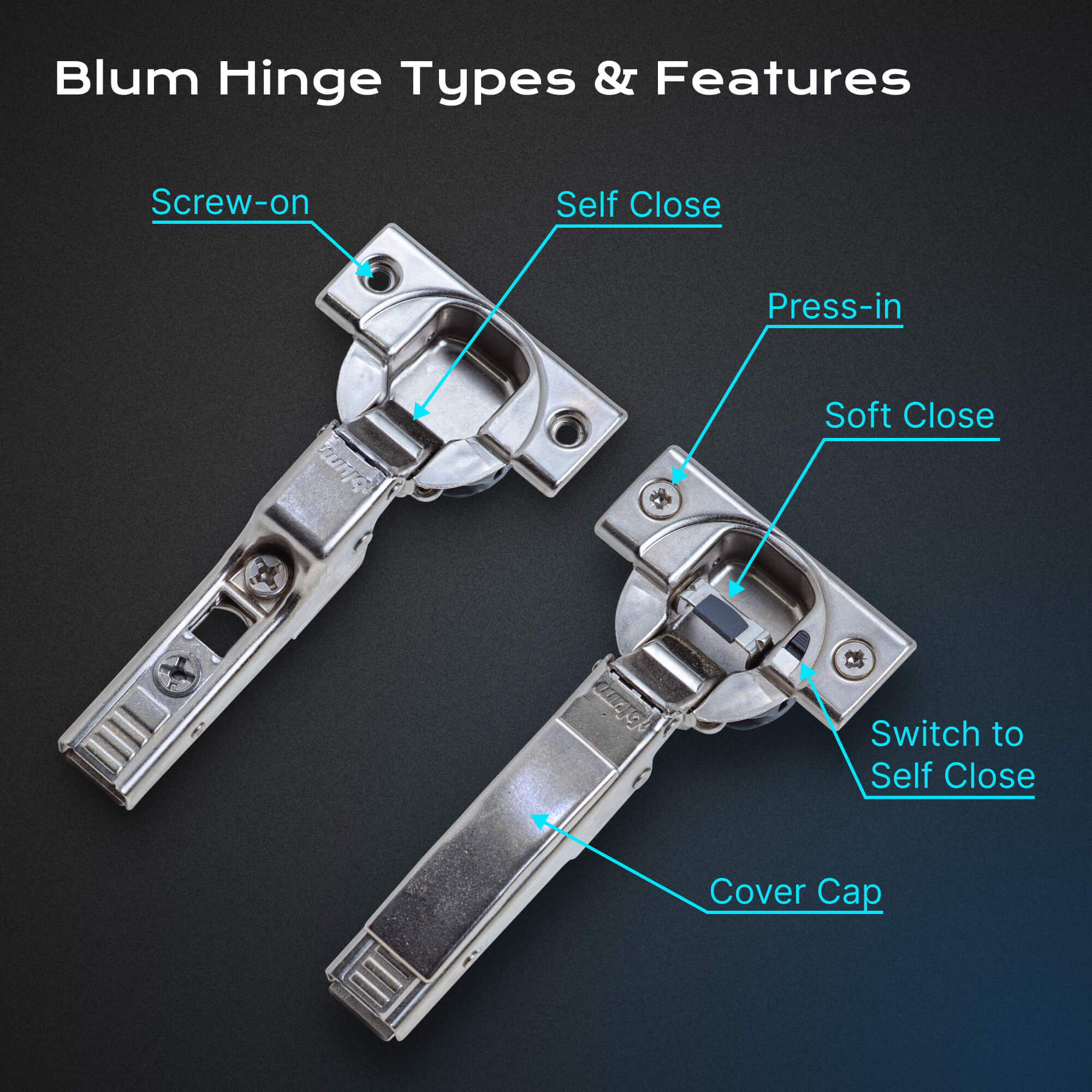 Blum cabinet hinge guide: screw-on self-close hinge (left) and press-in soft-close hinge (right) with labeled switch to self-close and optional cover cap.