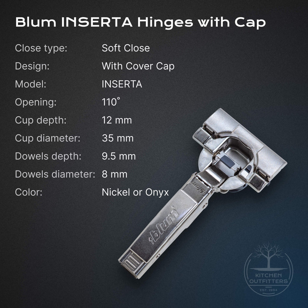 Blum INSERTA soft-close concealed hinge with cover cap, 110° opening, 35 mm cup, 12 mm depth; nickel or Onyx.