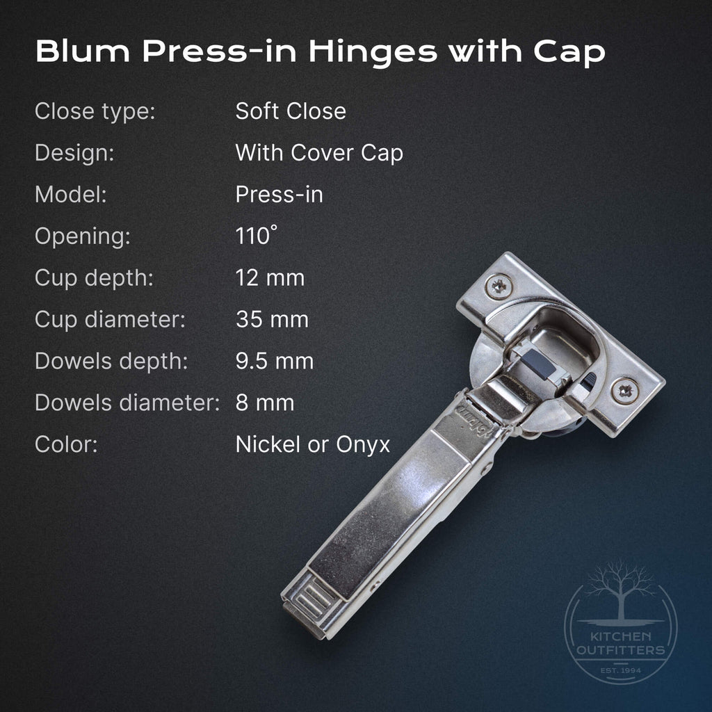 Blum soft-close press-in concealed hinge with cover cap, 110° opening, 35 mm cup, 12 mm depth; nickel or Onyx.