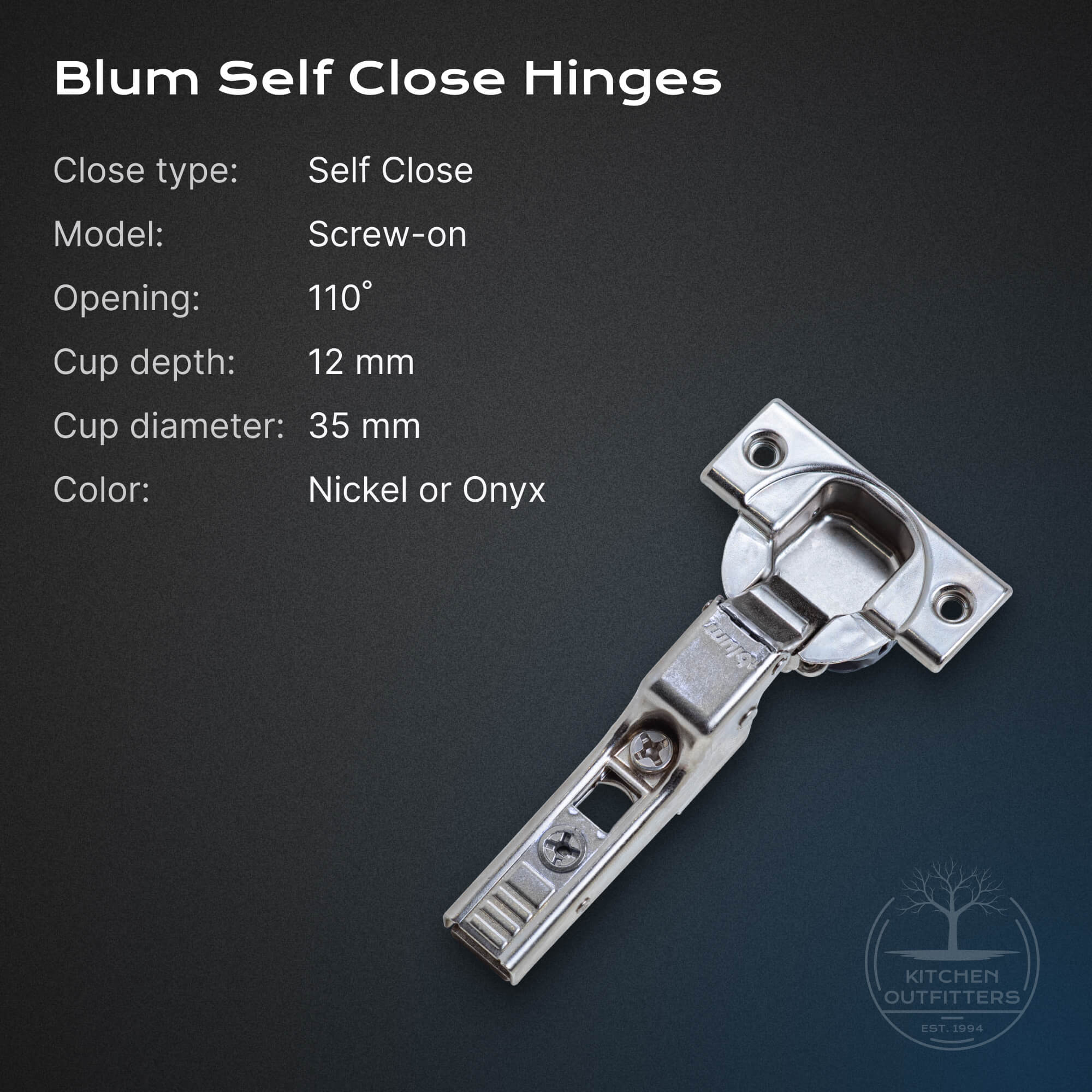 Assorted Blum self-close cabinet hinges in nickel and onyx finishes on a dark background.
