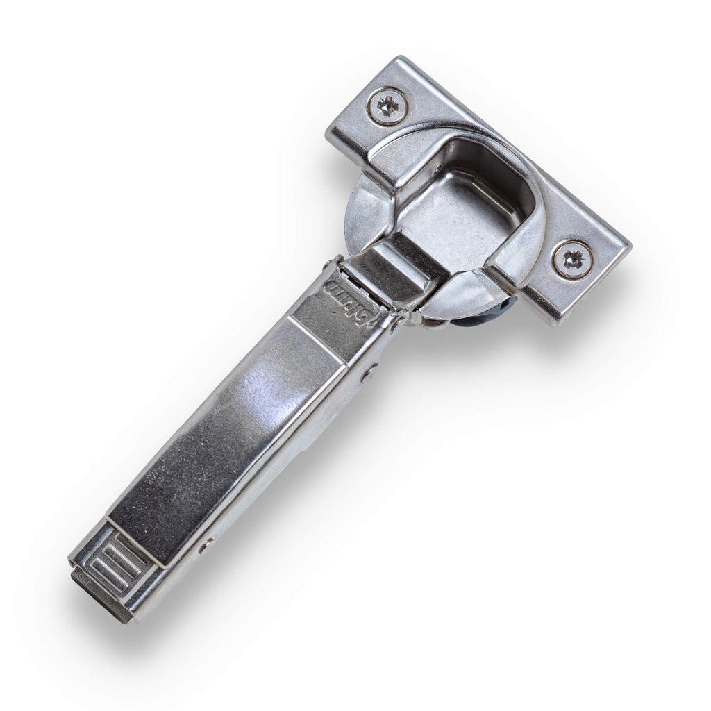 Blum self-close press-in cabinet hinge with Cover Cap, Nickel finish, isolated on white Background