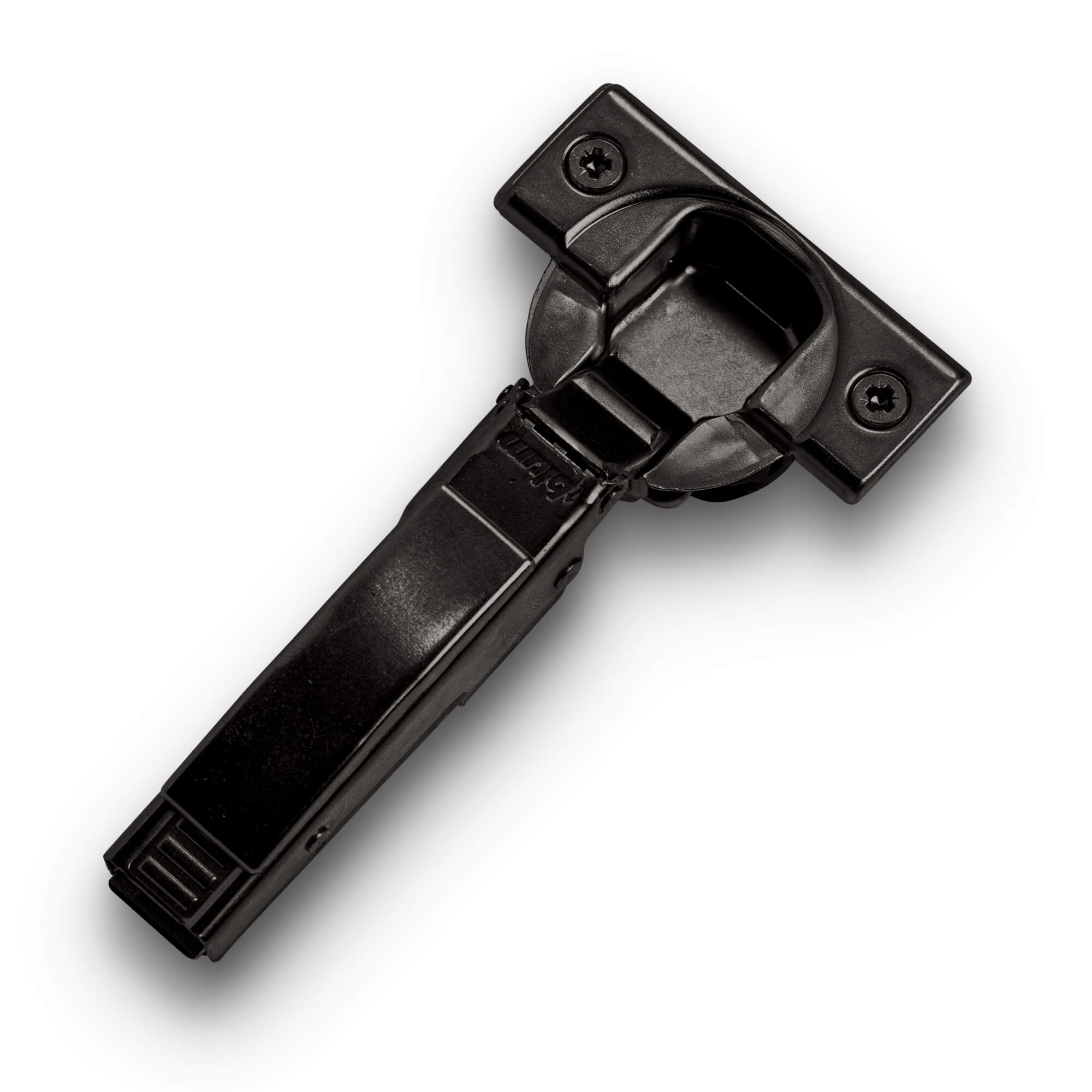 Blum self-close press-in cabinet hinge with cap, Onyx finish, isolated on white background