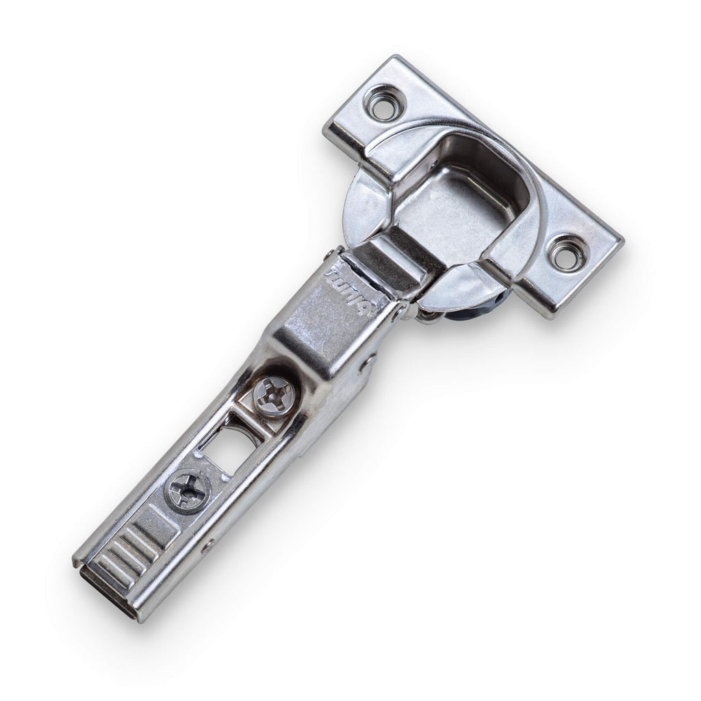 Blum 110° self-close screw-on hinge with 35 mm cup and 12 mm depth, nickel finish, on white background.