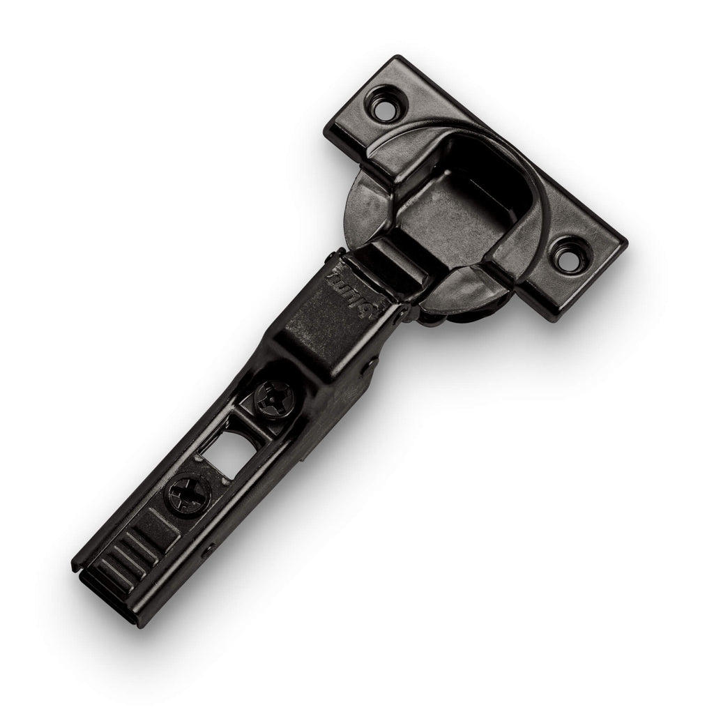Blum 110° self-close screw-on hinge with 35 mm cup and 12 mm depth, onyx black finish, on white background.
