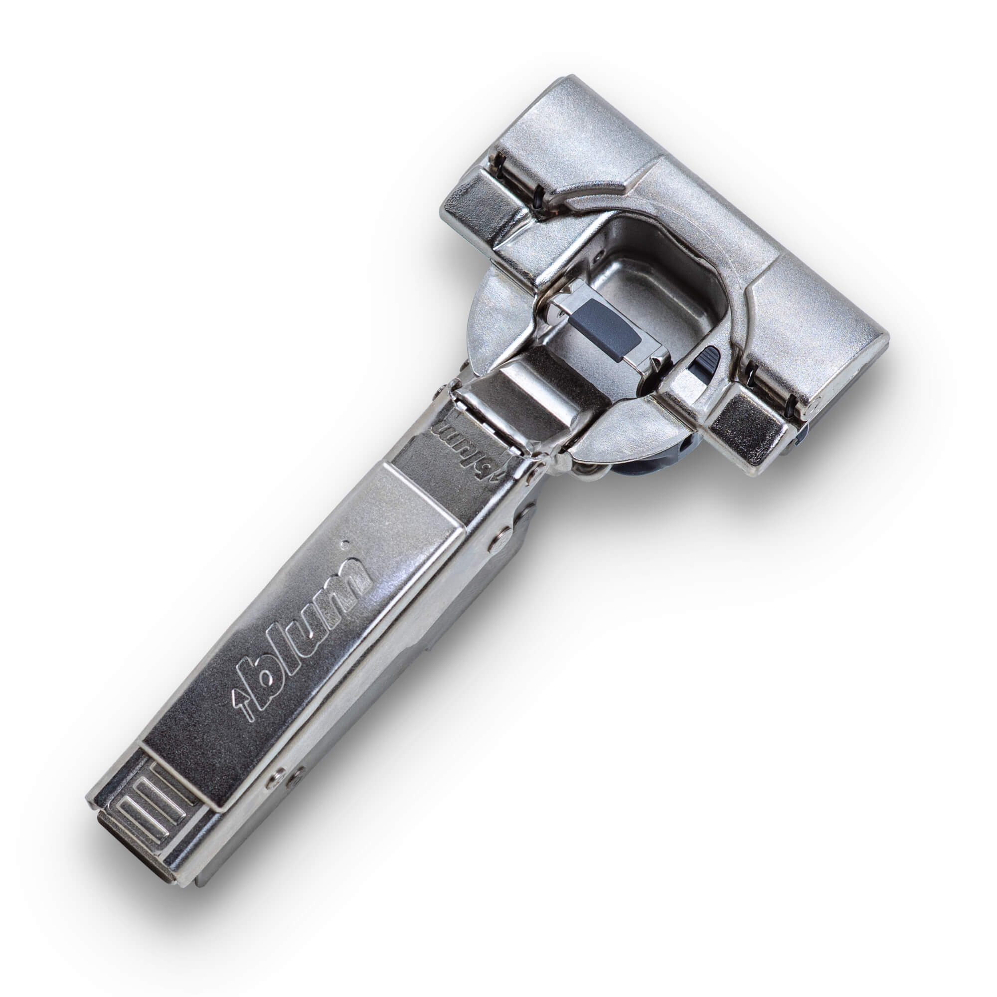 Blum Soft-Close Inserta hinge, Nickel, with cover cap — 110° opening, 35 mm cup (12 mm depth) — product photo on white background.