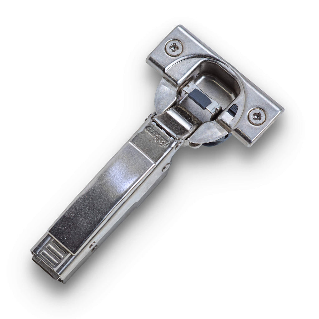 Blum soft-close press-in cabinet hinge, Nickel finish, isolated on white