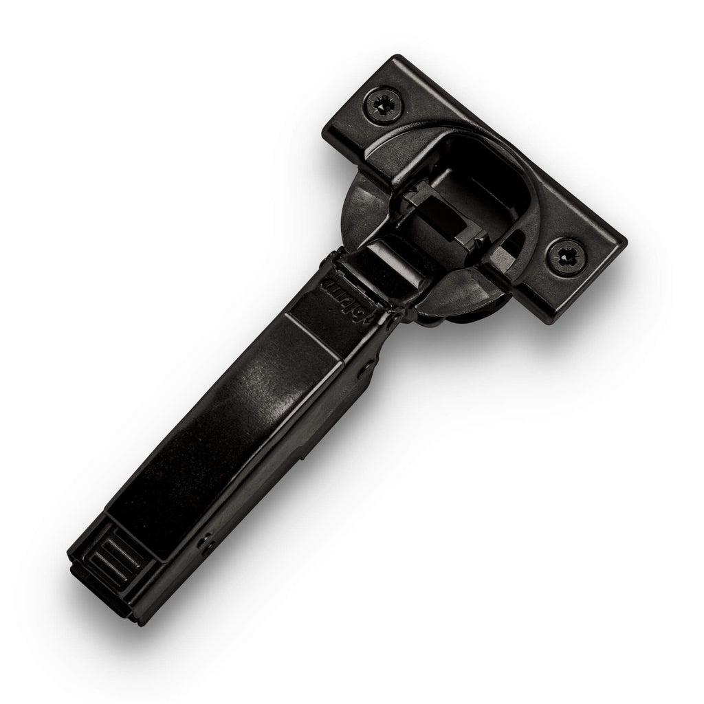 Blum soft-close press-in cabinet hinge with Cover Cap, Onyx finish, isolated on white background