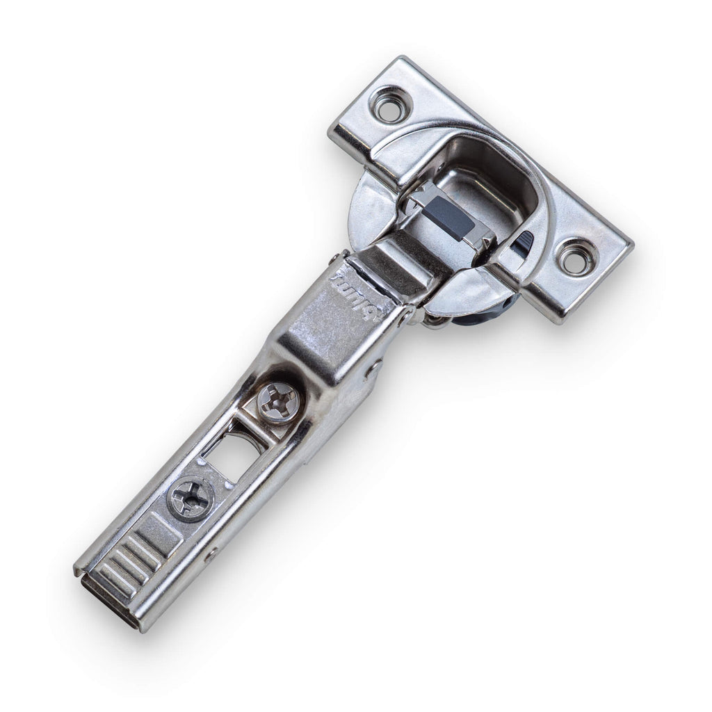 Blum soft-close cabinet hinge, nickel finish — screw-on, 35 mm cup, 110° opening, product photo on white background