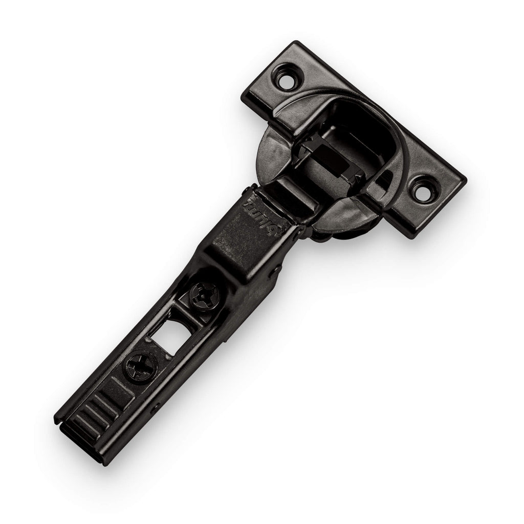 Blum soft-close cabinet hinge, Onyx black finish — screw-on, 35 mm cup, 110° opening, product photo on white background.