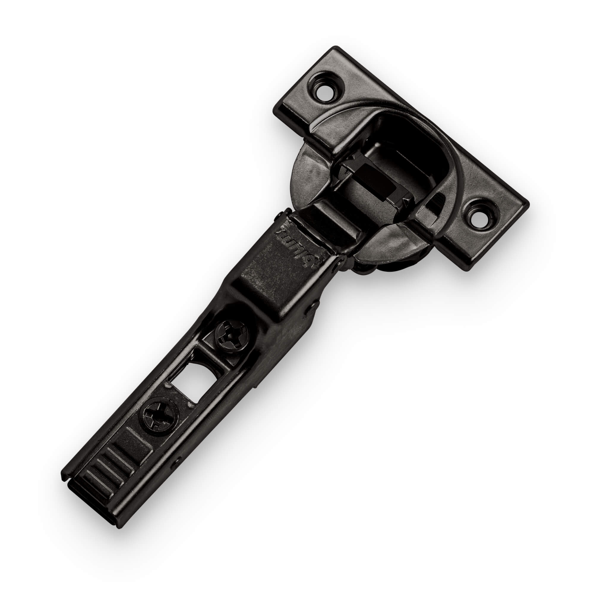 Blum soft-close cabinet hinge, Onyx black finish — screw-on, 35 mm cup, 110° opening, product photo on white background.