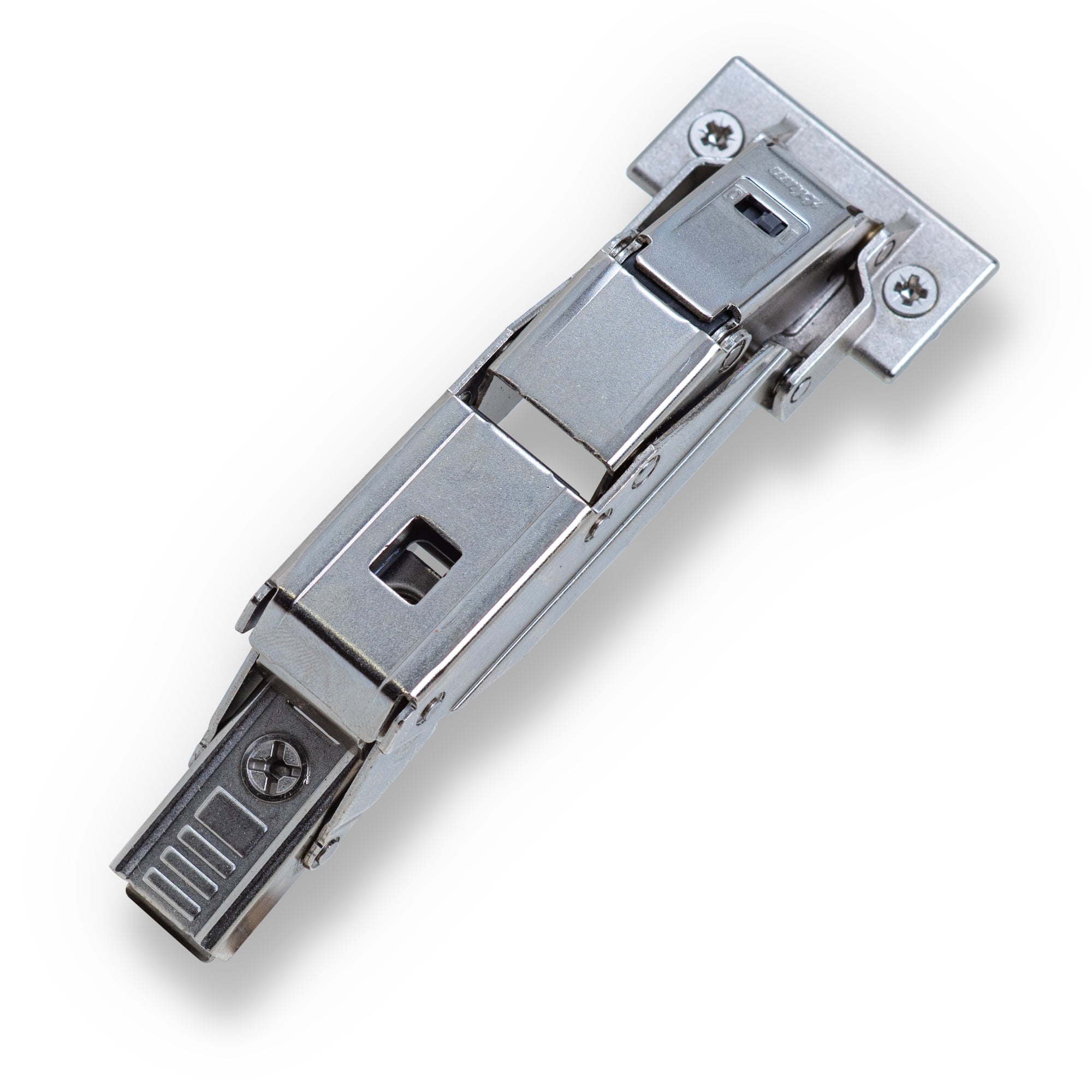 Blum thin-door hinge, soft-close, nickel finish, without cup — product photo on white background.