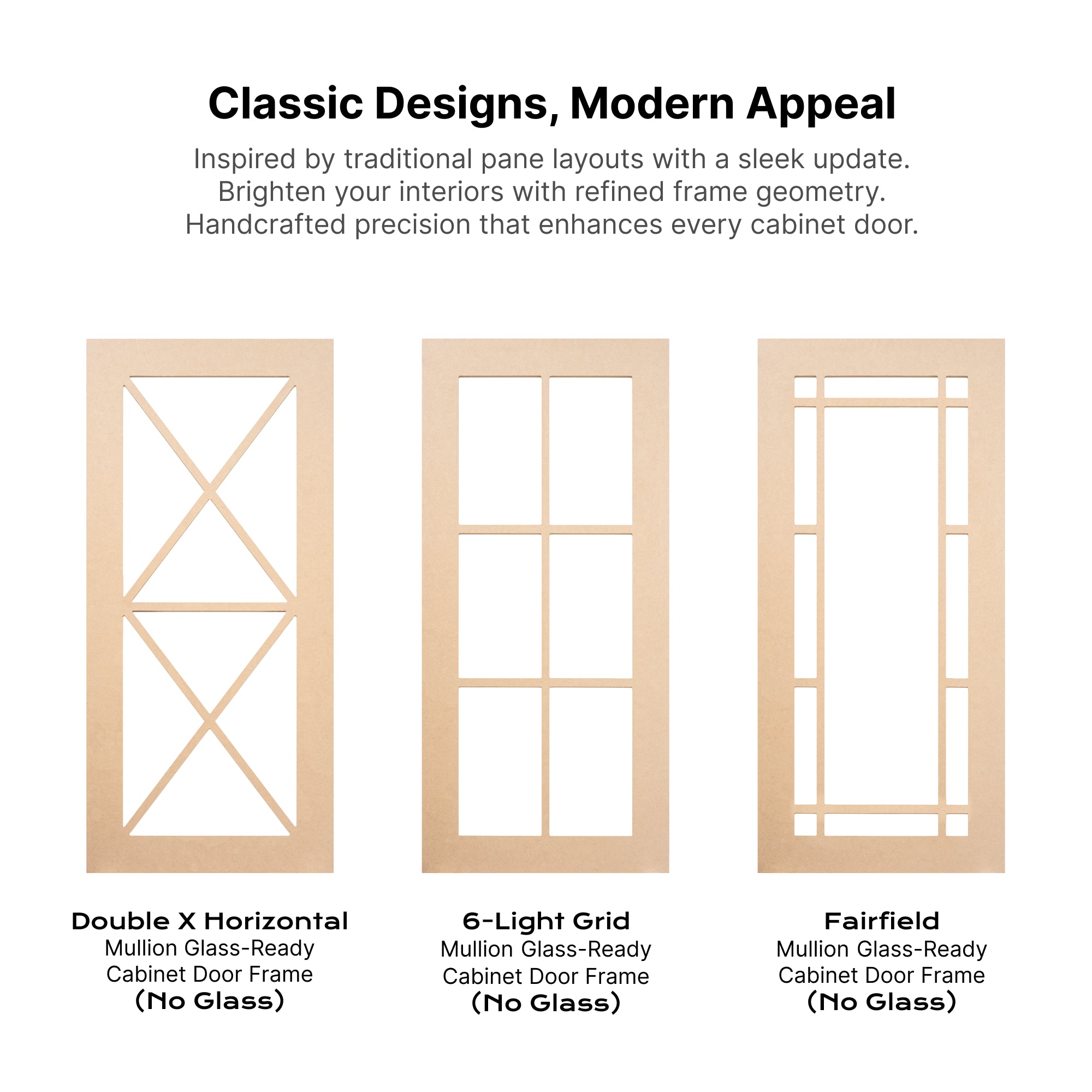 Classic mullion cabinet door frames in MDF with 6-light grid and refined rectangular pane designs — ideal for painted glass doors.