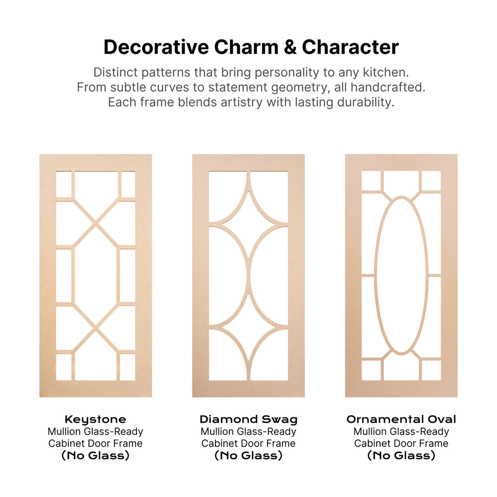 Decorative MDF mullion cabinet door frames with curved and oval patterns — elegant glass-ready frame styles for custom cabinetry.
