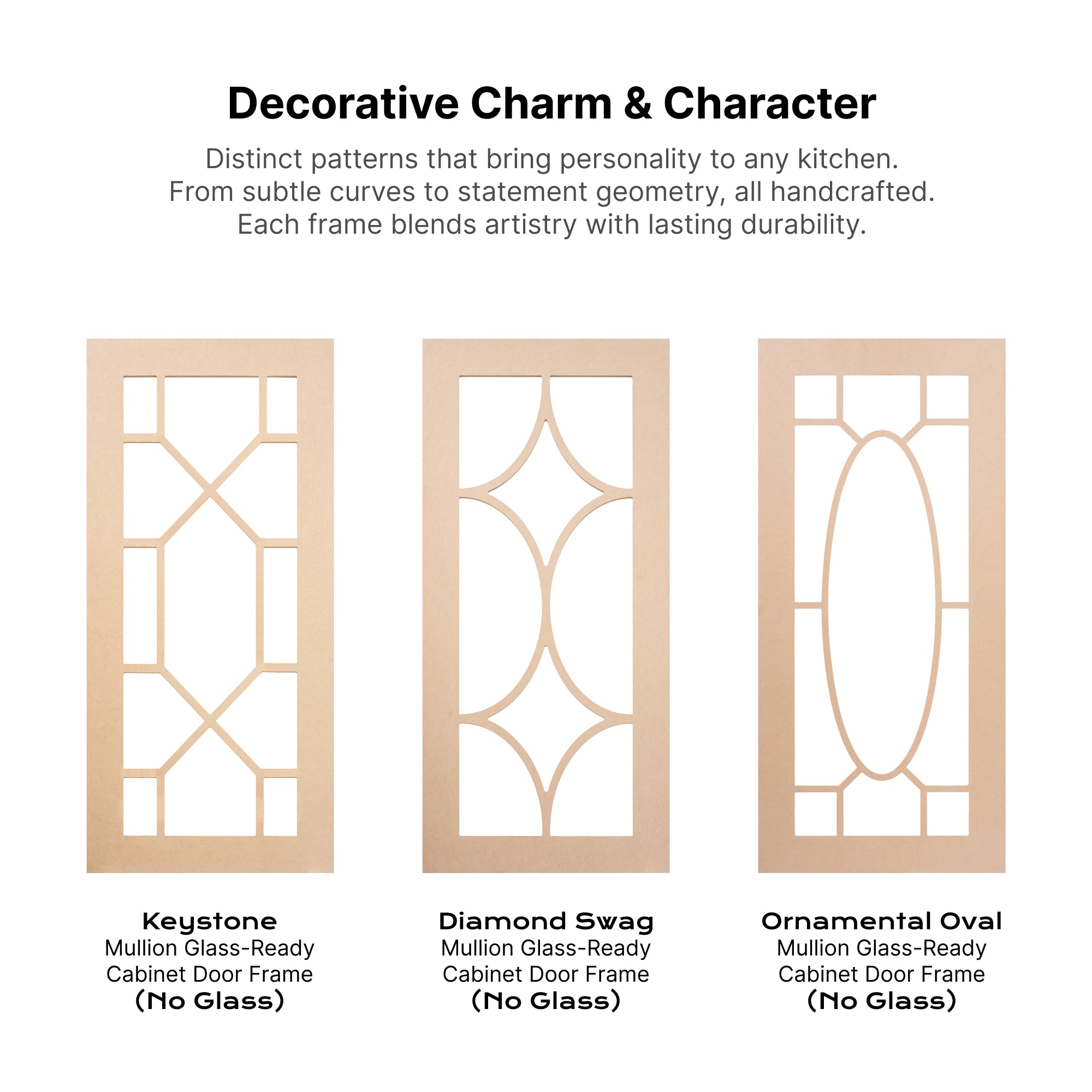 Decorative MDF mullion cabinet door frames with curved and oval patterns — elegant glass-ready frame styles for custom cabinetry.