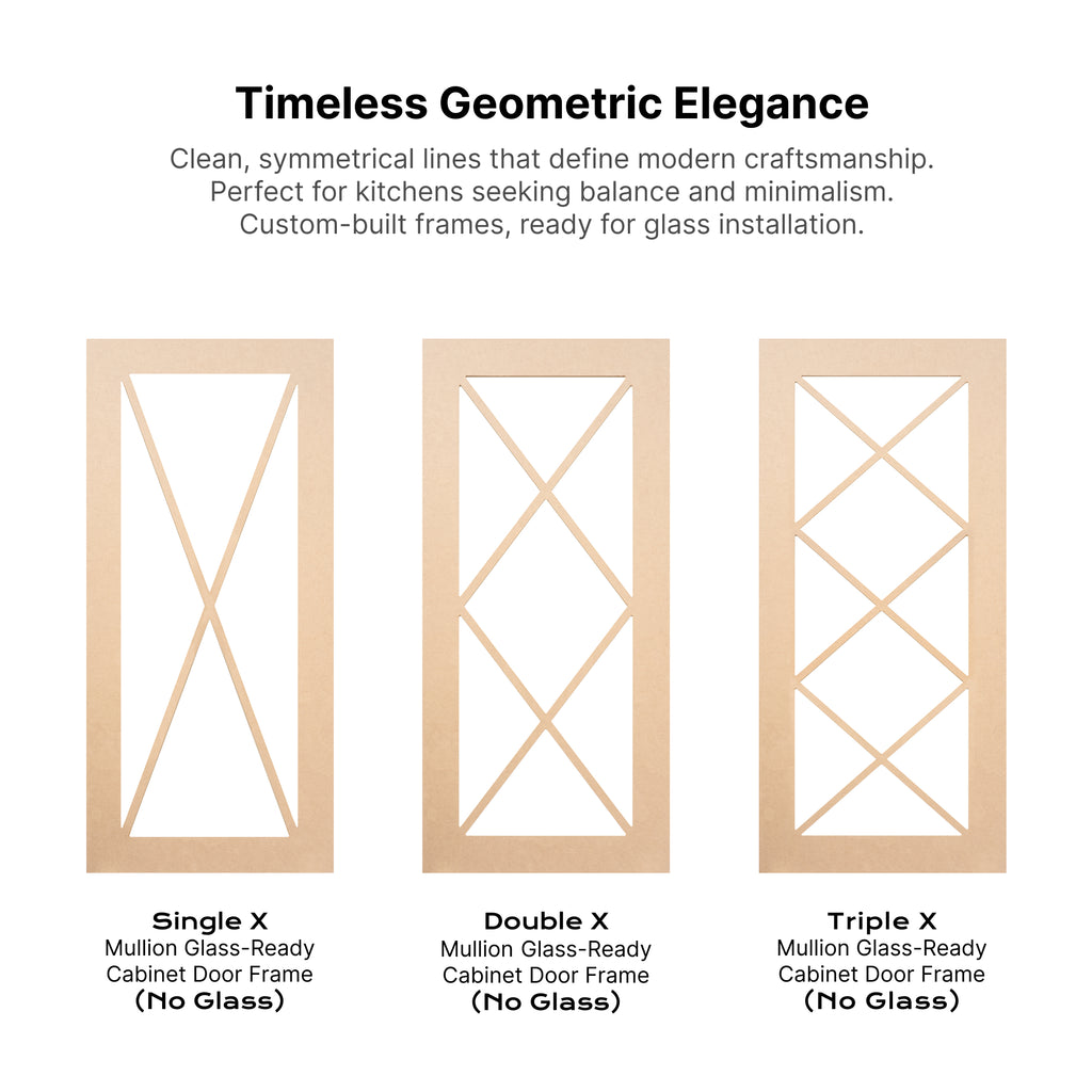 Mullion Glass-Ready MDF cabinet door frames with geometric X-pattern design — handcrafted precision and ready for glass installation.