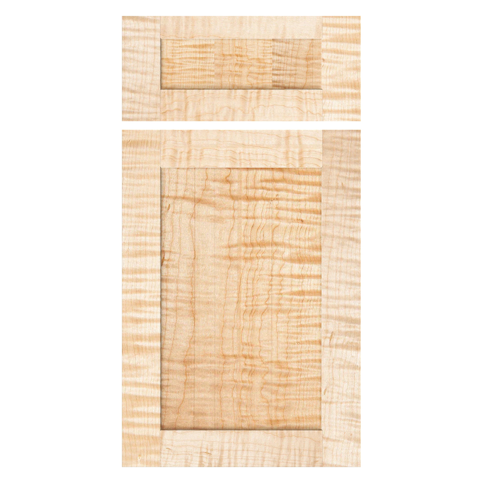Curly Maple Shaker cabinet door front view highlighting symmetrical frame and figured maple wood grain