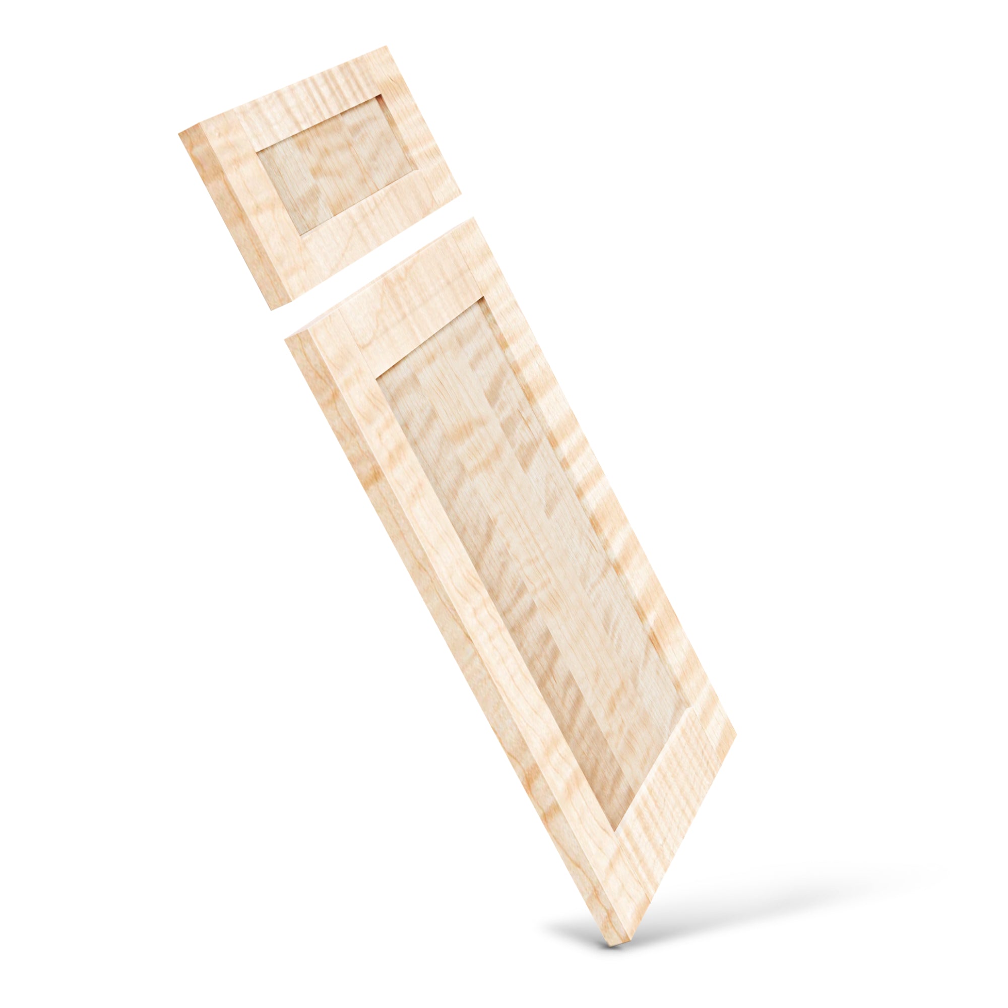 Curly Maple Shaker cabinet door close-up showing natural tiger grain pattern and recessed panel detail