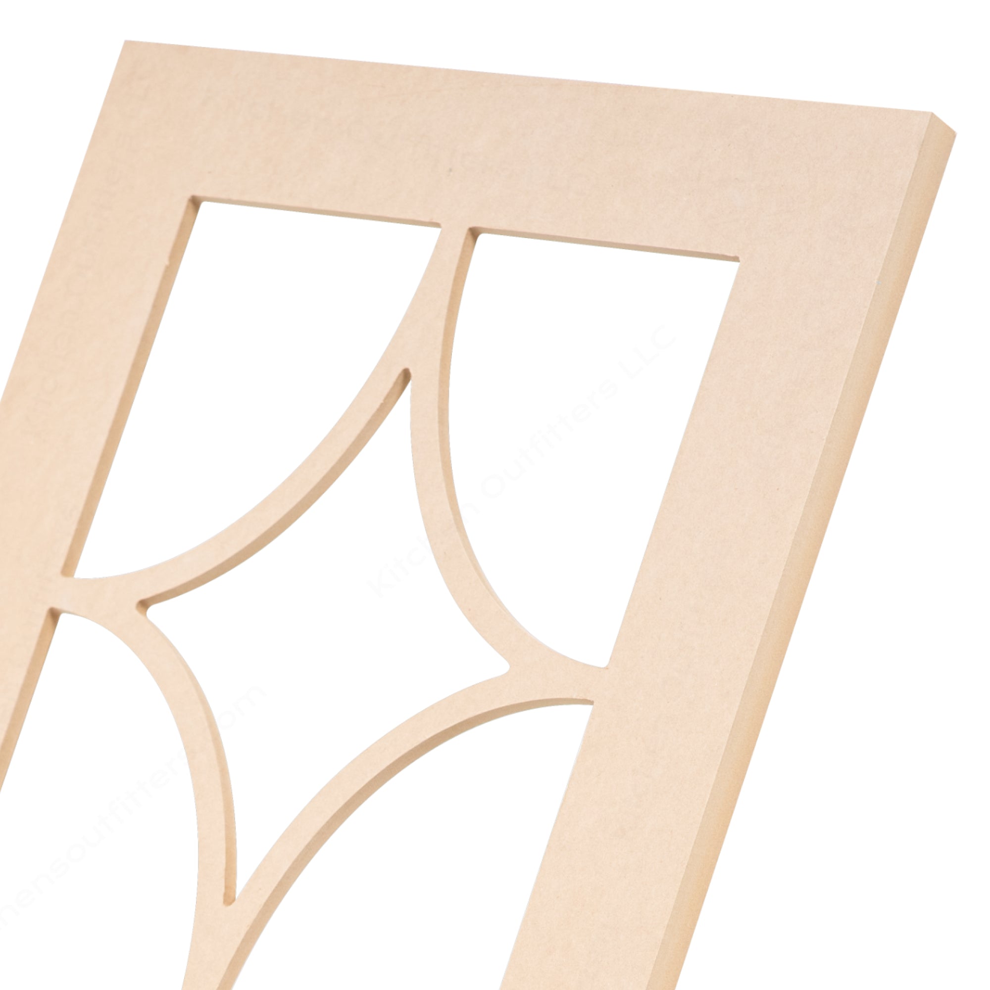 Close-up side view of diamond swag mullion glass-ready cabinet door frame with curved decorative mullions.