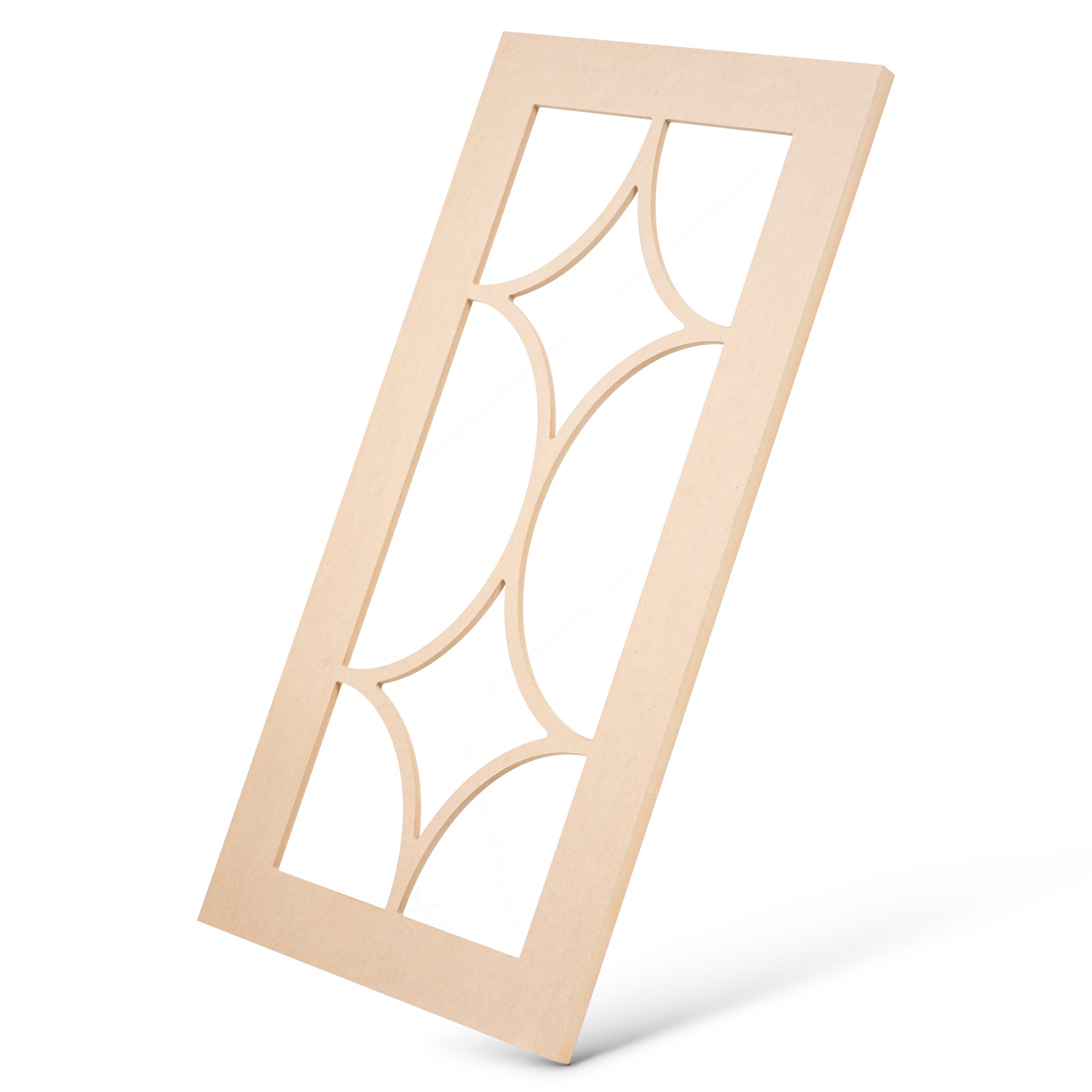 Angled side view of diamond swag mullion glass-ready cabinet door frame in MDF, featuring decorative curved mullions.