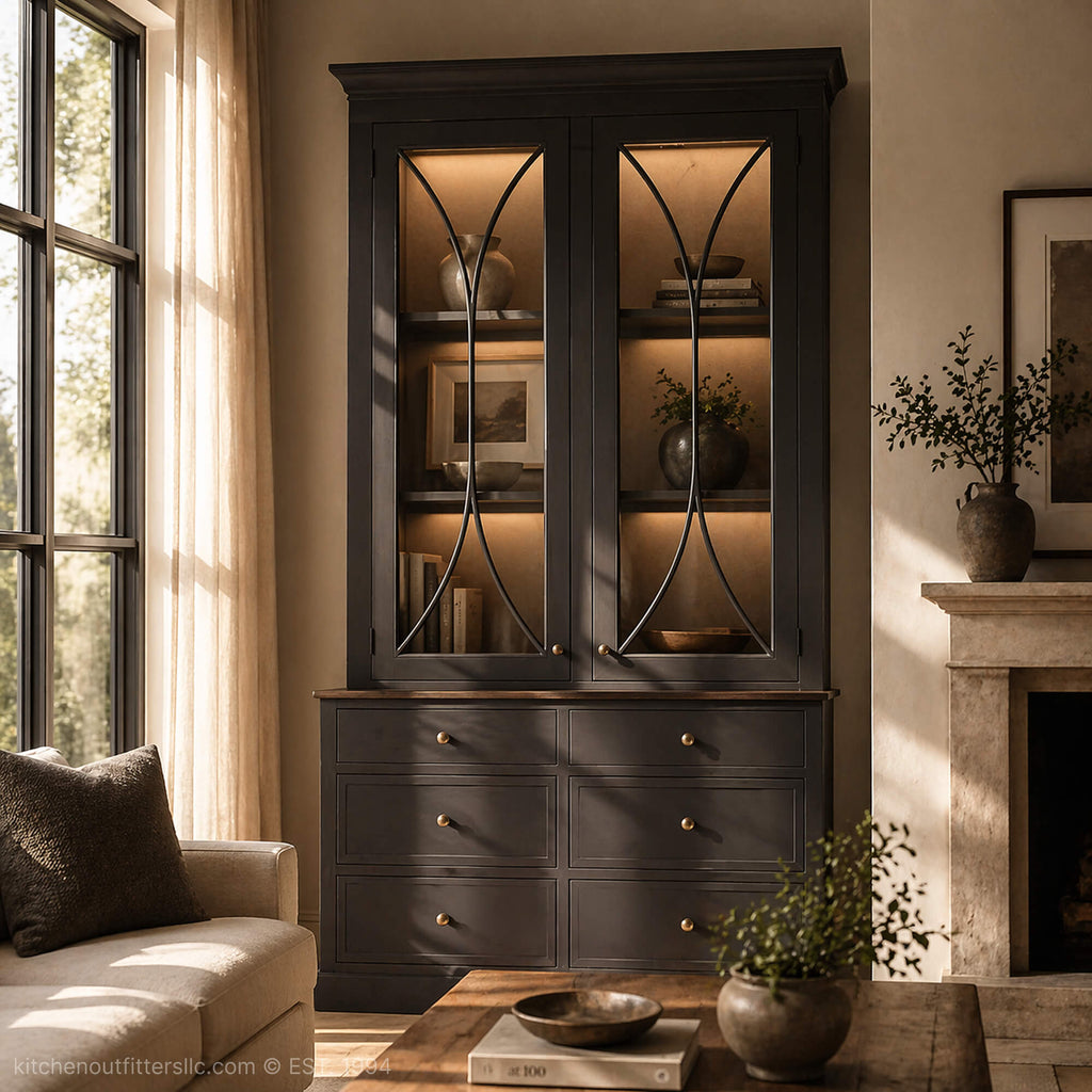 Double bow mullion glass cabinet doors in a tall living room cabinet, elegant curved intersecting lines