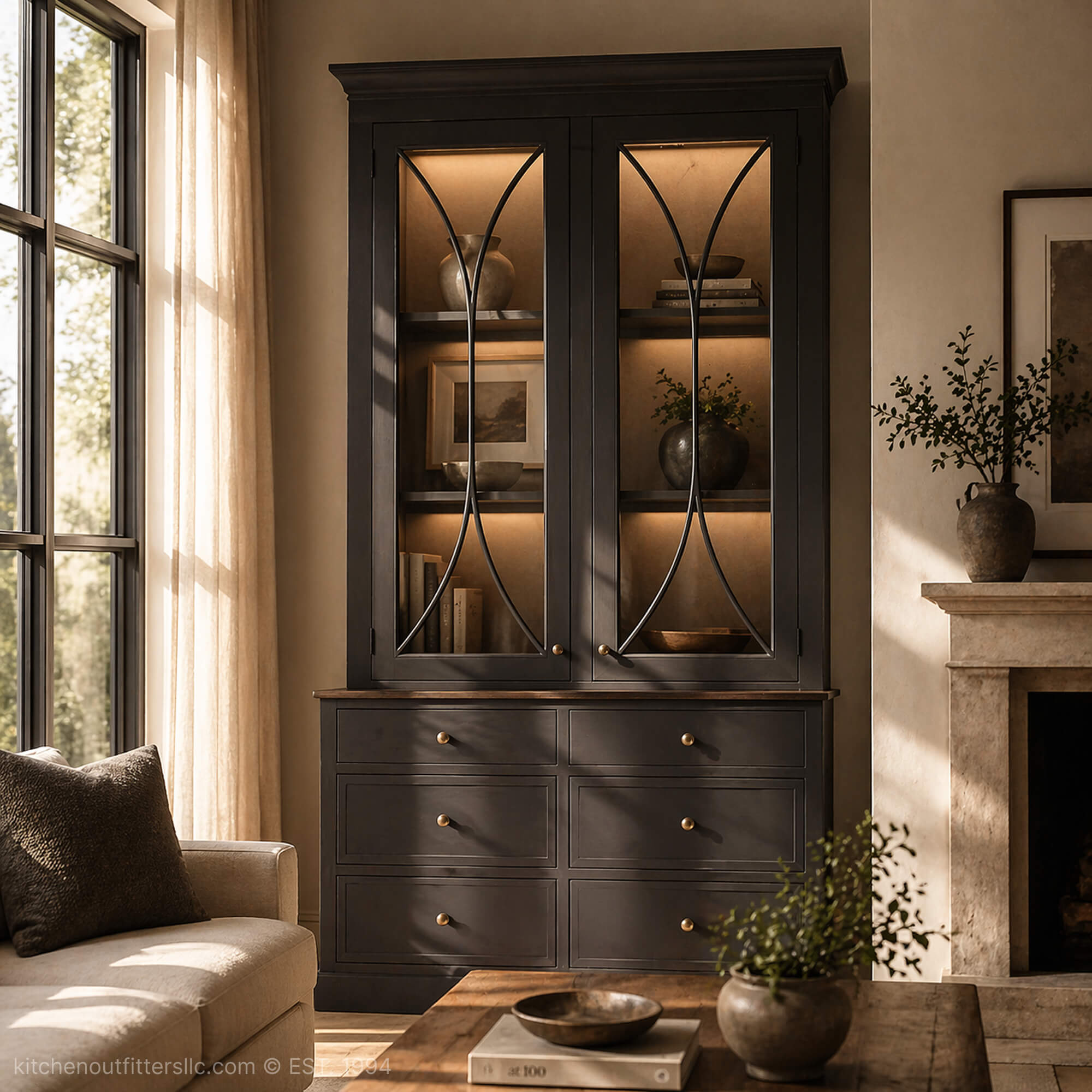 Double bow mullion glass cabinet doors in a tall living room cabinet, elegant curved intersecting lines