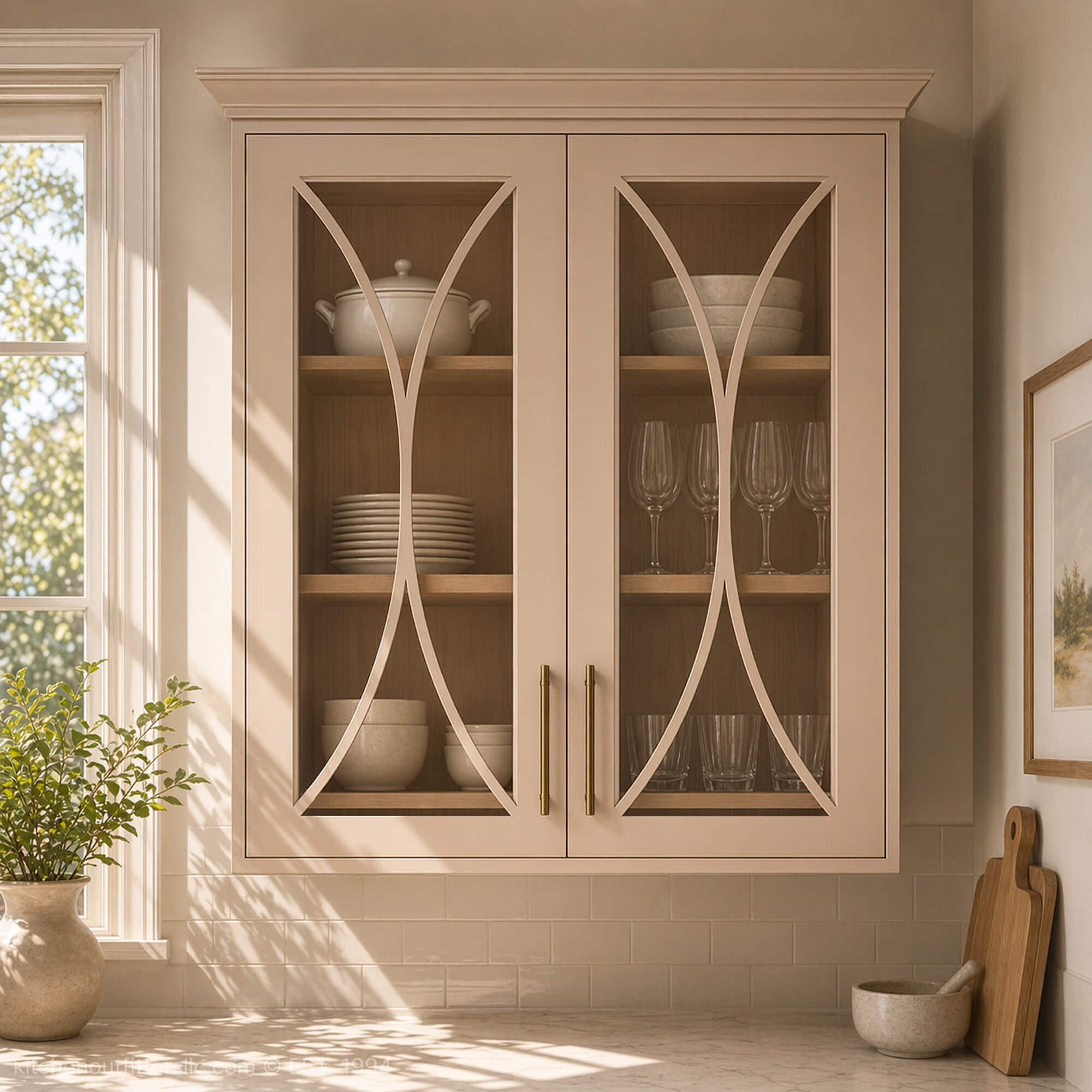 Double bow mullion glass cabinet doors in kitchen wall cabinets, soft curved intersecting design