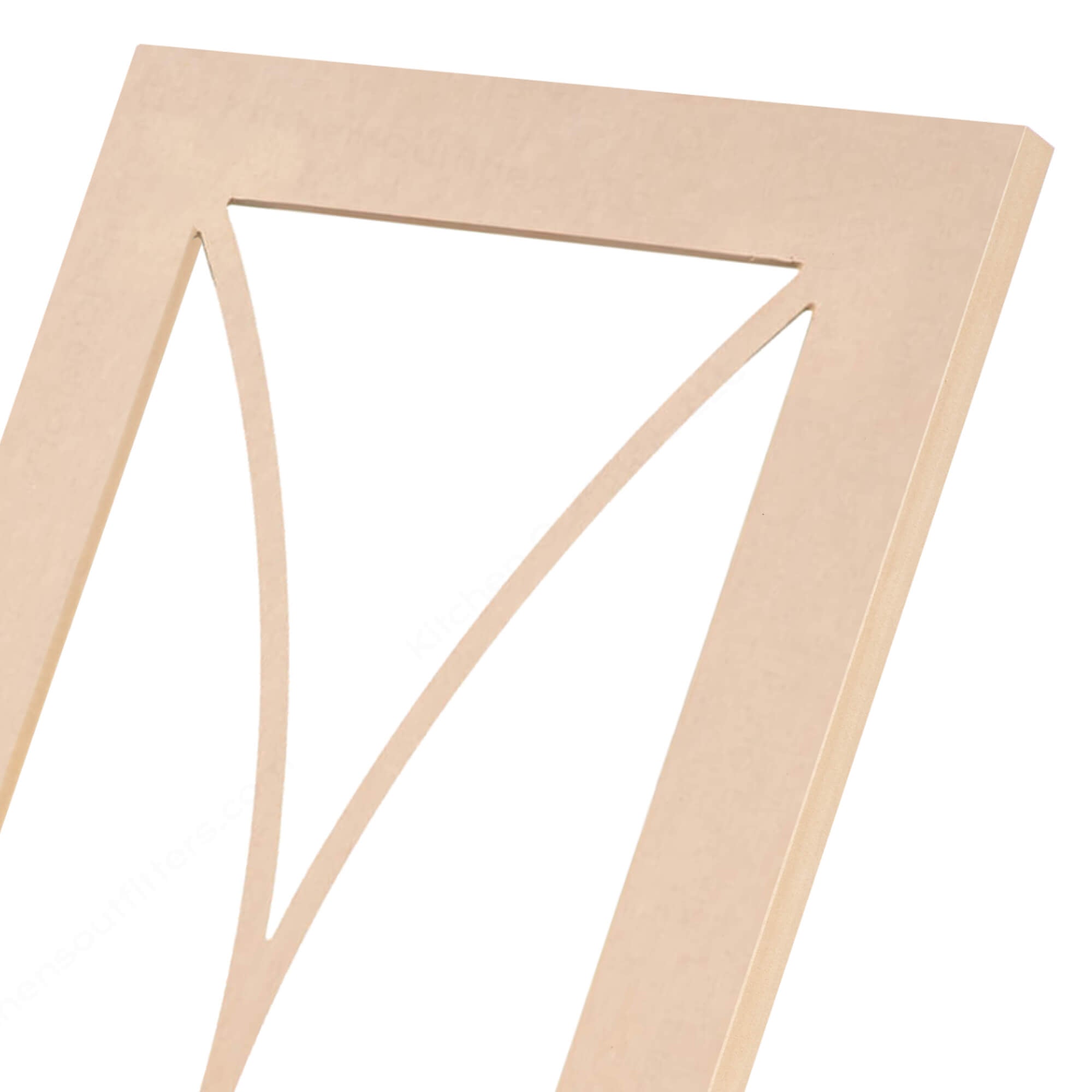 Double bow mullion MDF glass-ready cabinet door frame close-up, intersecting curved pattern