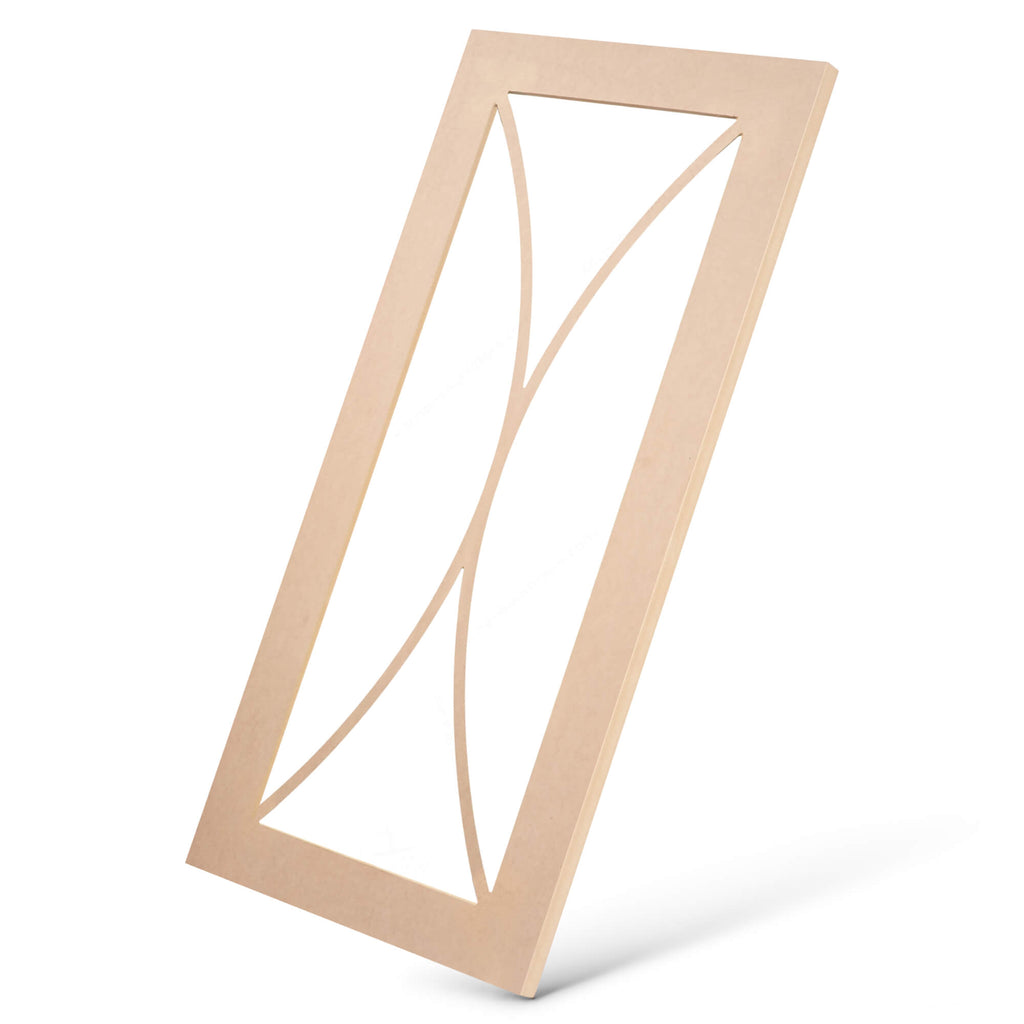 Double bow mullion MDF glass-ready cabinet door frame angled view, symmetrical curved structure