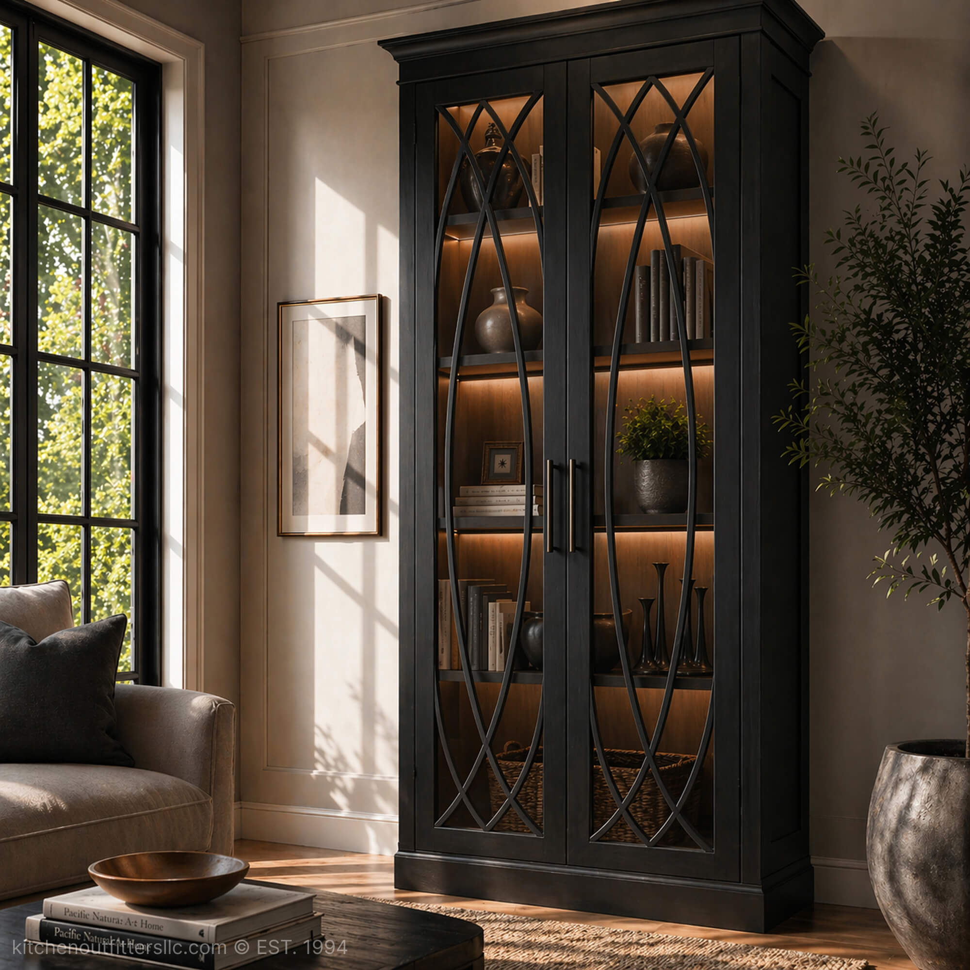 Double elliptical mullion glass cabinet doors in tall living room cabinet, elegant curved design