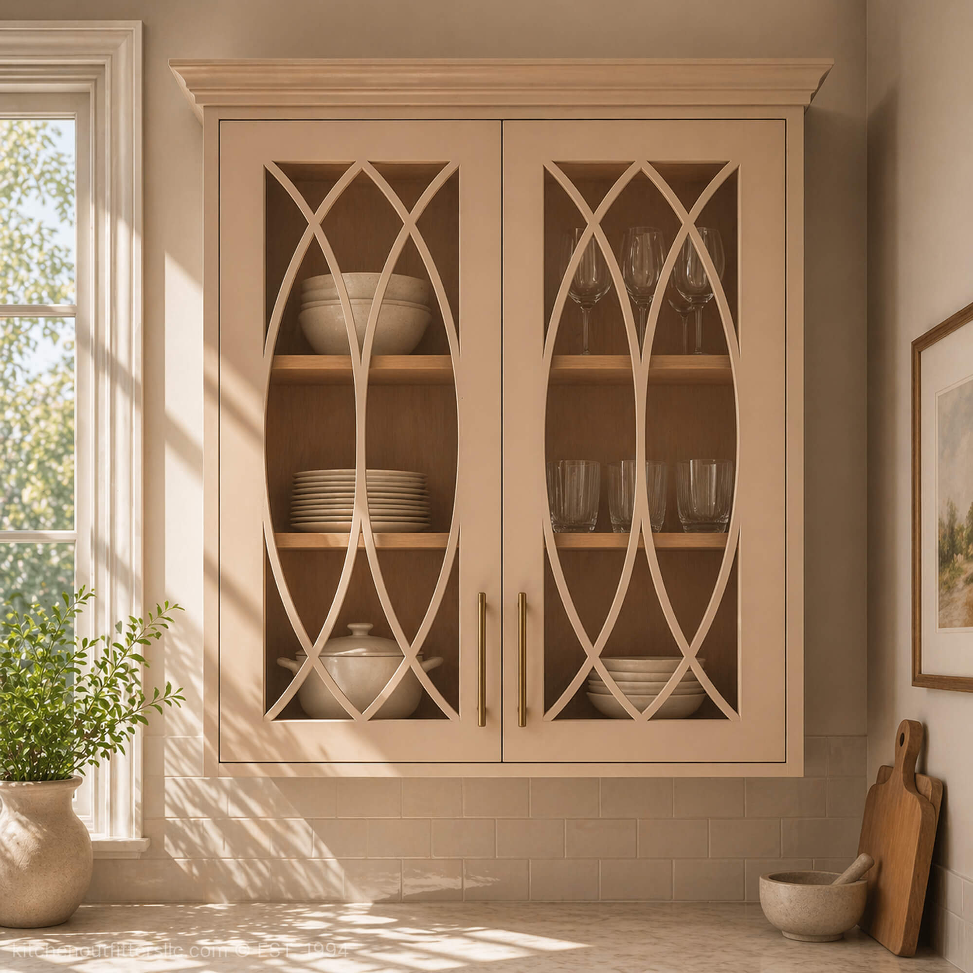 Double elliptical mullion glass cabinet doors in kitchen wall cabinets, light painted finish