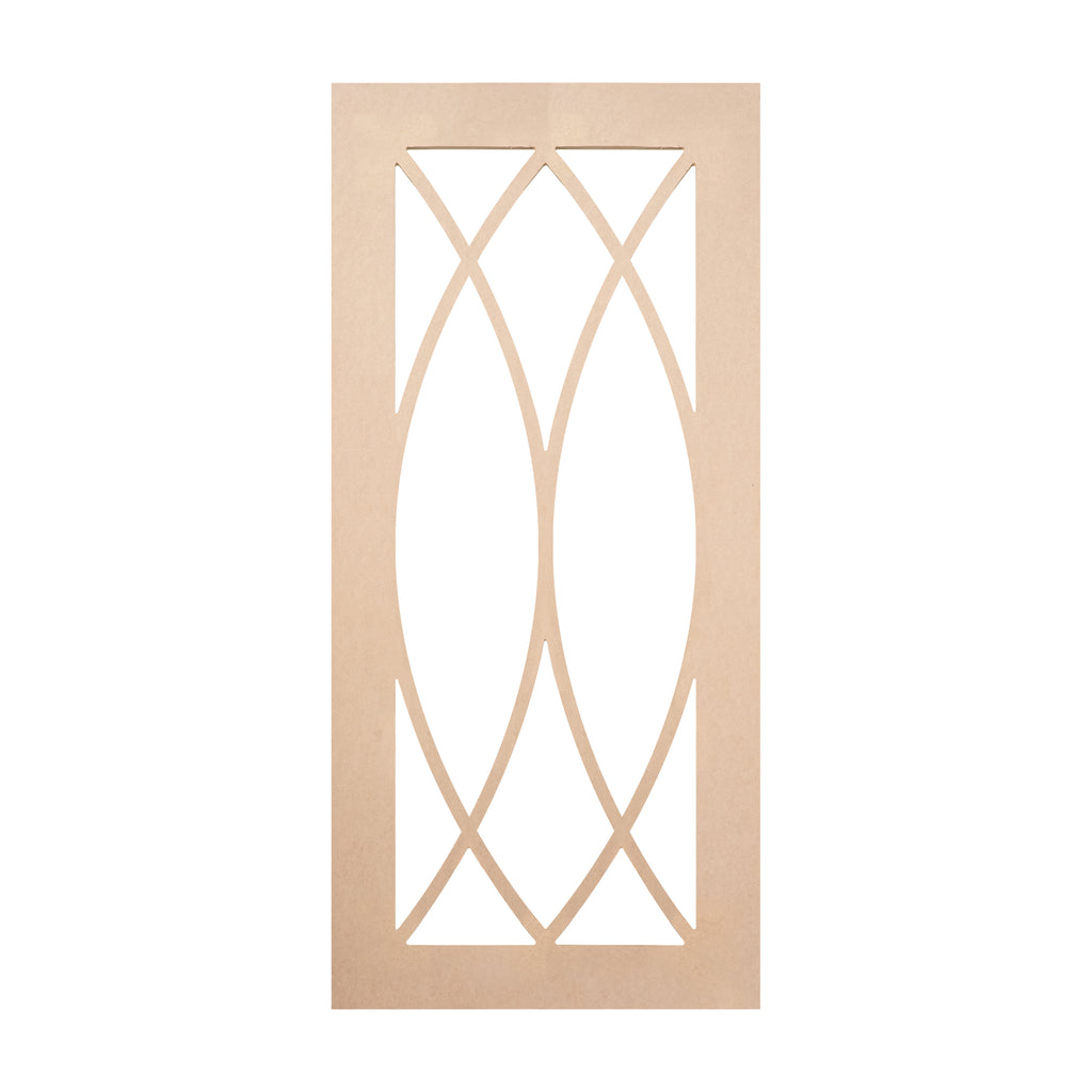 Double Elliptical Mullion glass-ready MDF cabinet door frame featuring twin intersecting ellipse patterns – elegant handcrafted design for custom cabinetry.