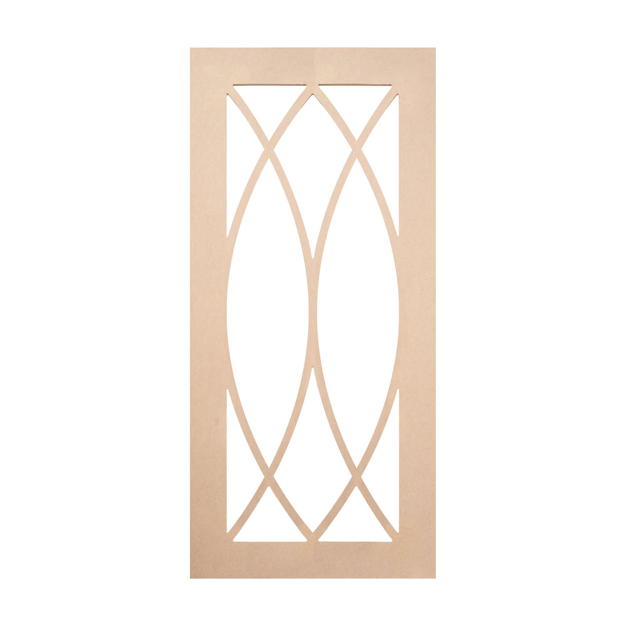 Double Elliptical Mullion glass-ready MDF cabinet door frame featuring twin intersecting ellipse patterns – elegant handcrafted design for custom cabinetry.