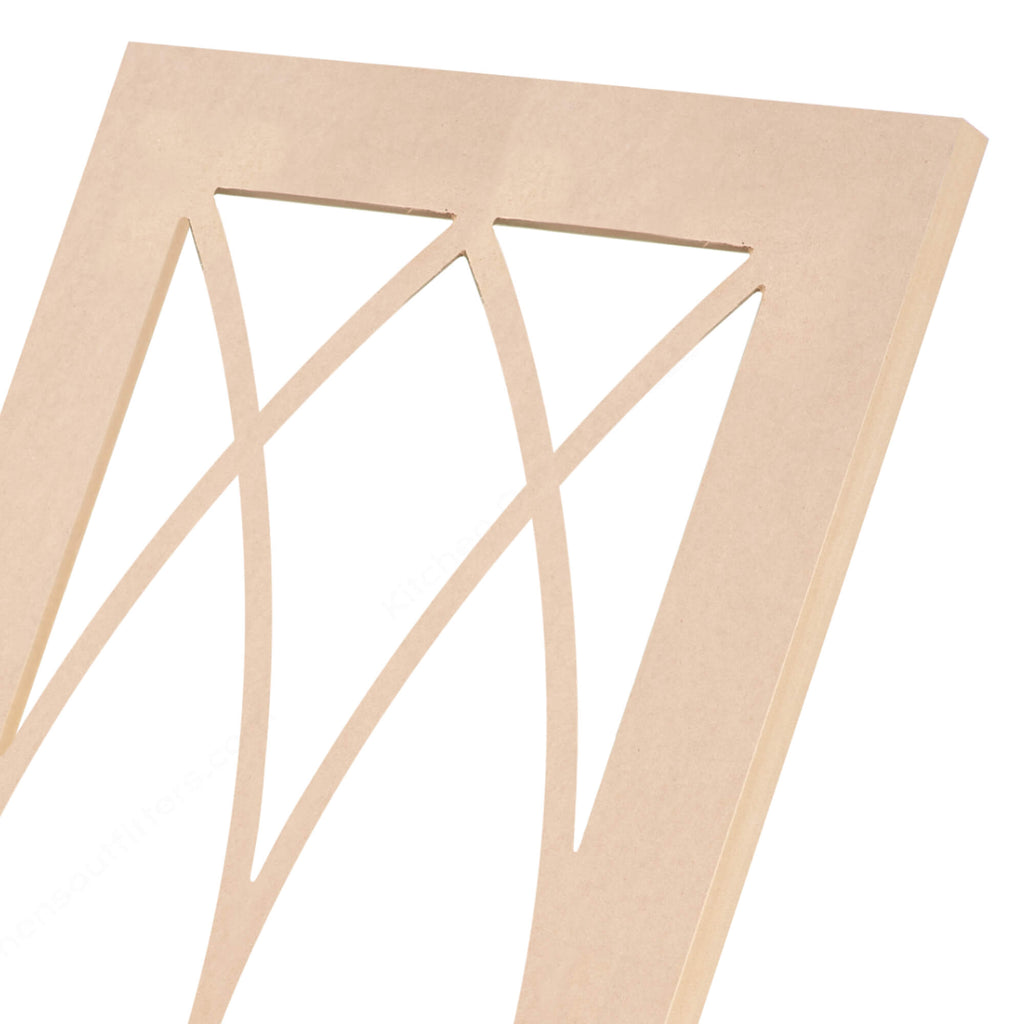 Double elliptical mullion MDF glass-ready cabinet door frame close-up, smooth curved lines
