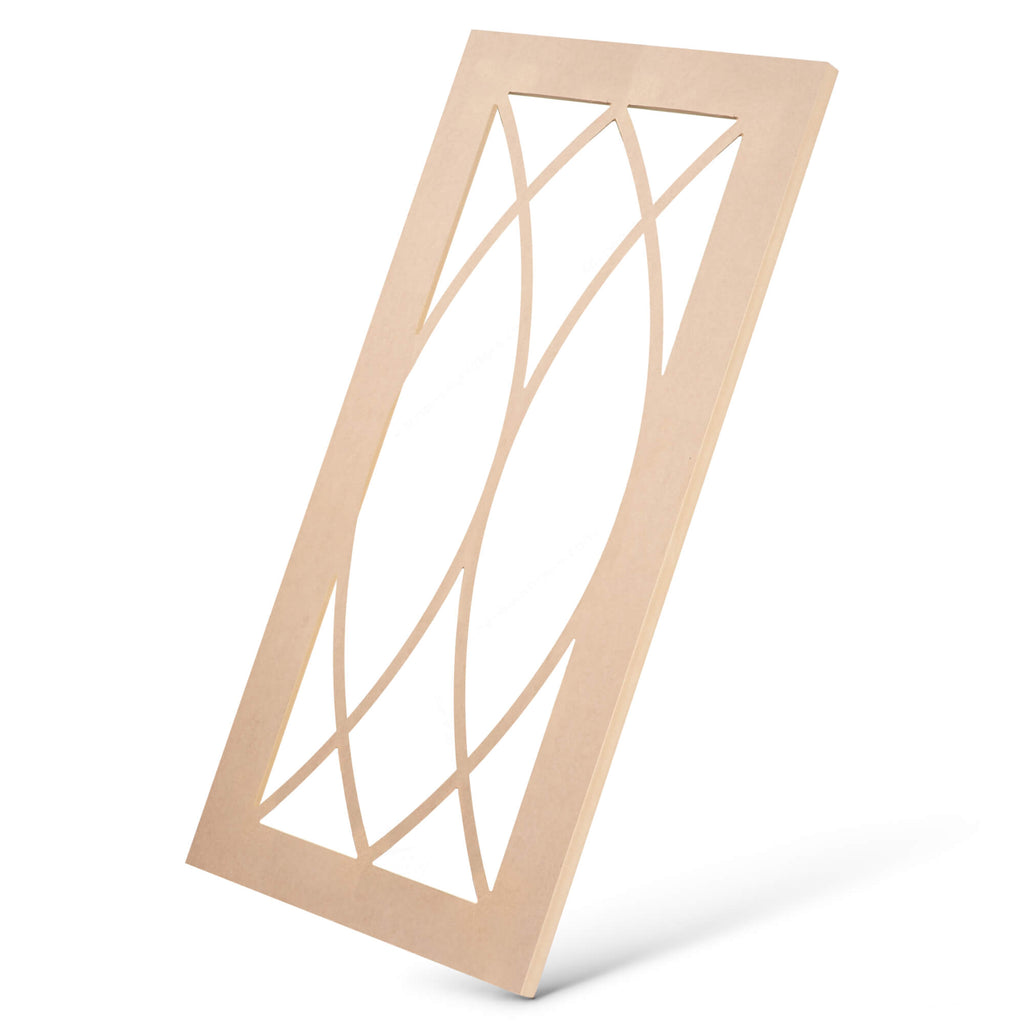 Double elliptical mullion MDF glass-ready cabinet door frame angled view, flowing symmetrical pattern
