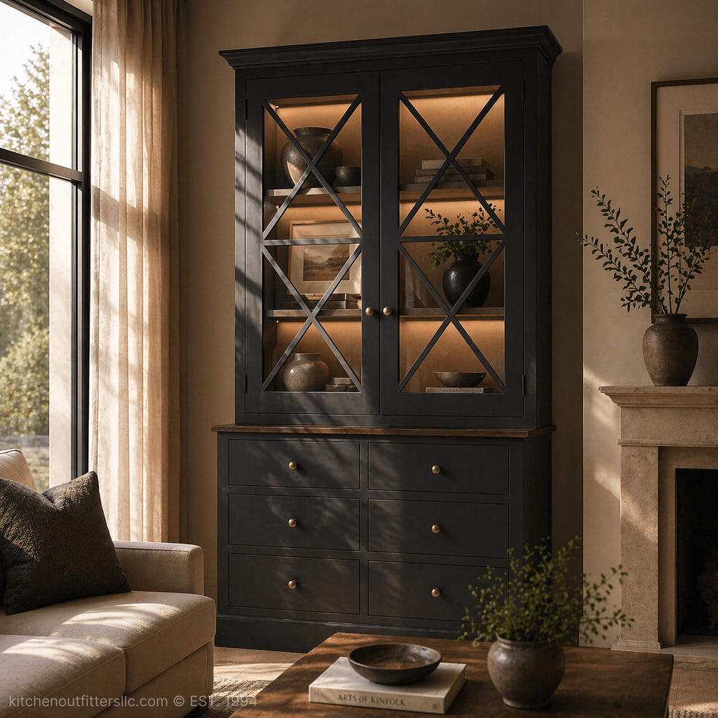 Double X horizontal mullion glass cabinet doors in tall living room cabinet, dark modern classic design