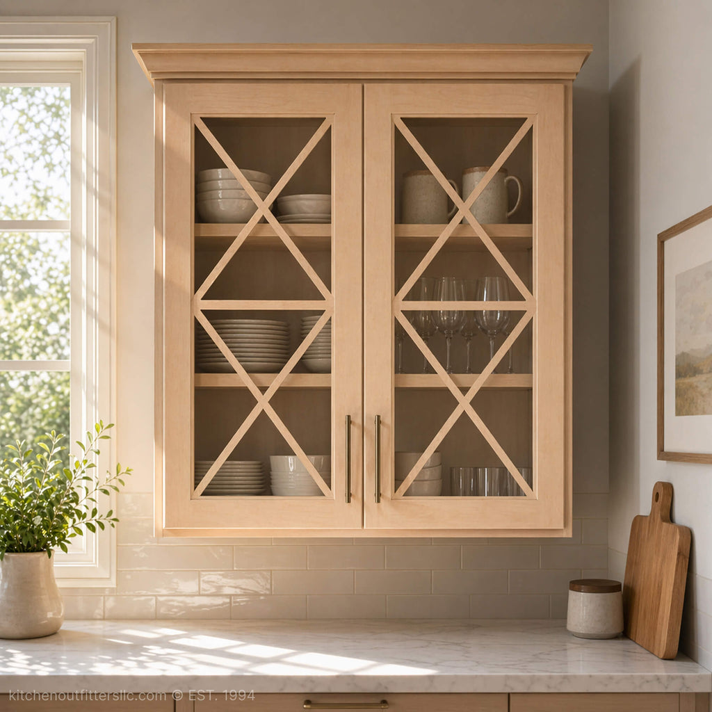 Double X horizontal mullion glass cabinet doors in kitchen wall cabinets, light painted finish