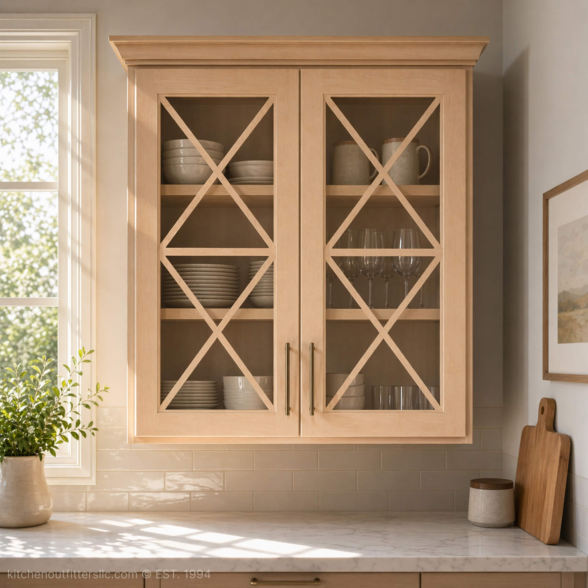Double X horizontal mullion glass cabinet doors in kitchen wall cabinets, light painted finish