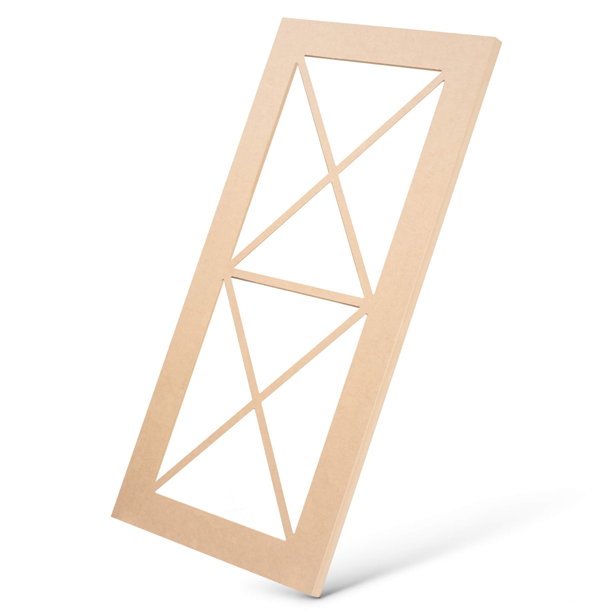 Double X horizontal mullion MDF glass-ready cabinet door frame angled view, geometric design