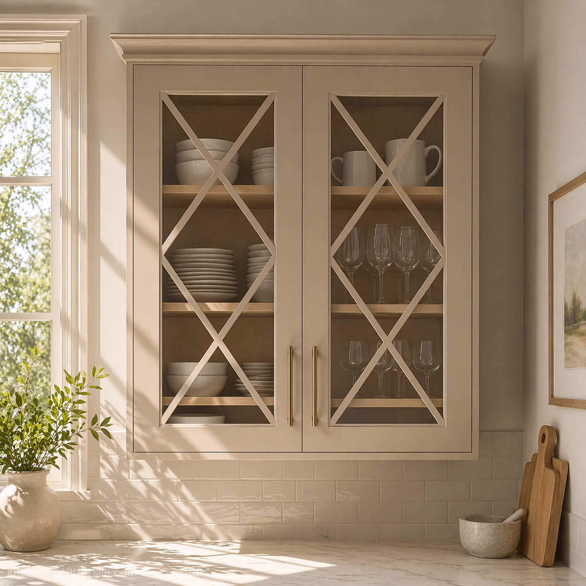 Double X mullion glass cabinet doors in warm neutral kitchen cabinet with classic cross pattern and glass inserts