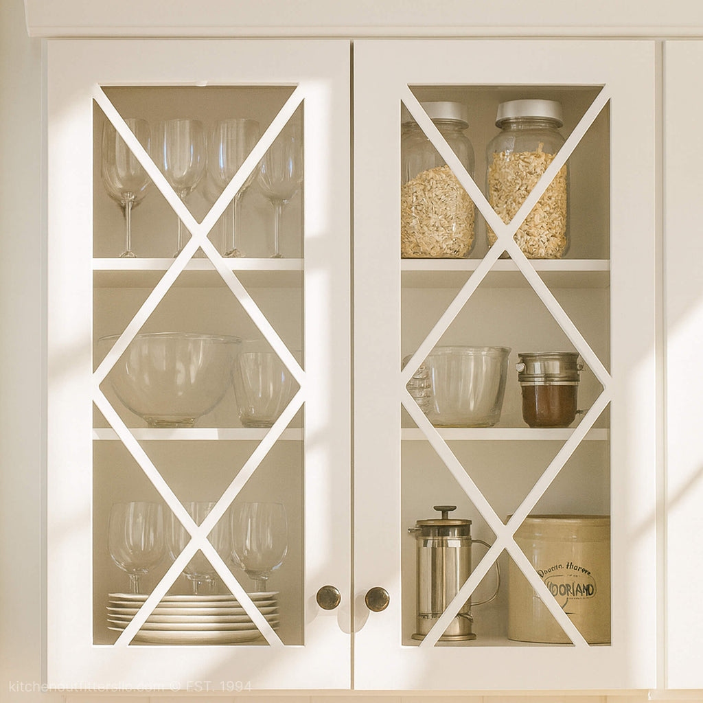 White kitchen cabinet with Double X mullion glass doors featuring classic cross grid design and clear glass panels